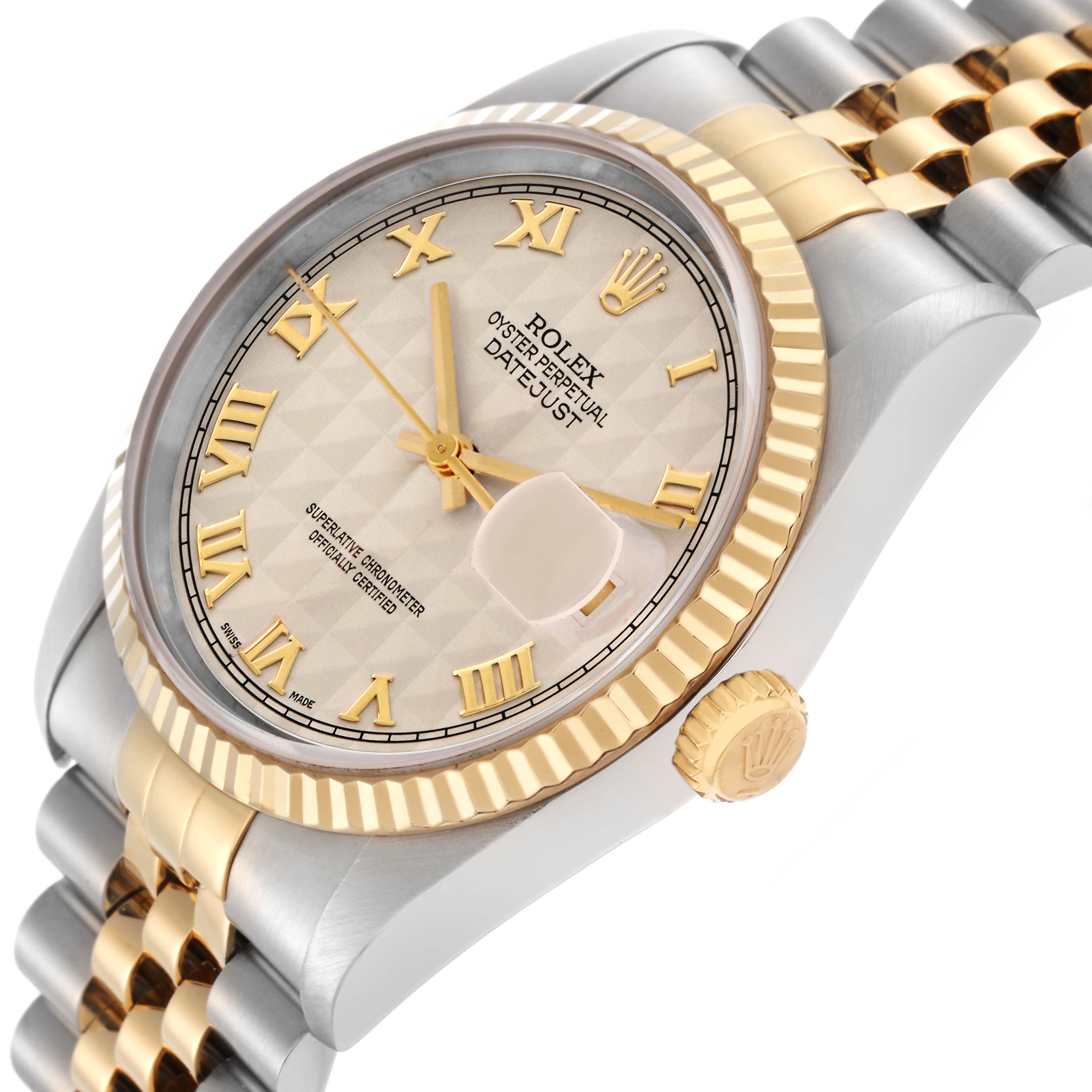 The Rolex Datejust model 16233 is shown at a slight angle, highlighting the bezel, dial, crown, and part of the bracelet.