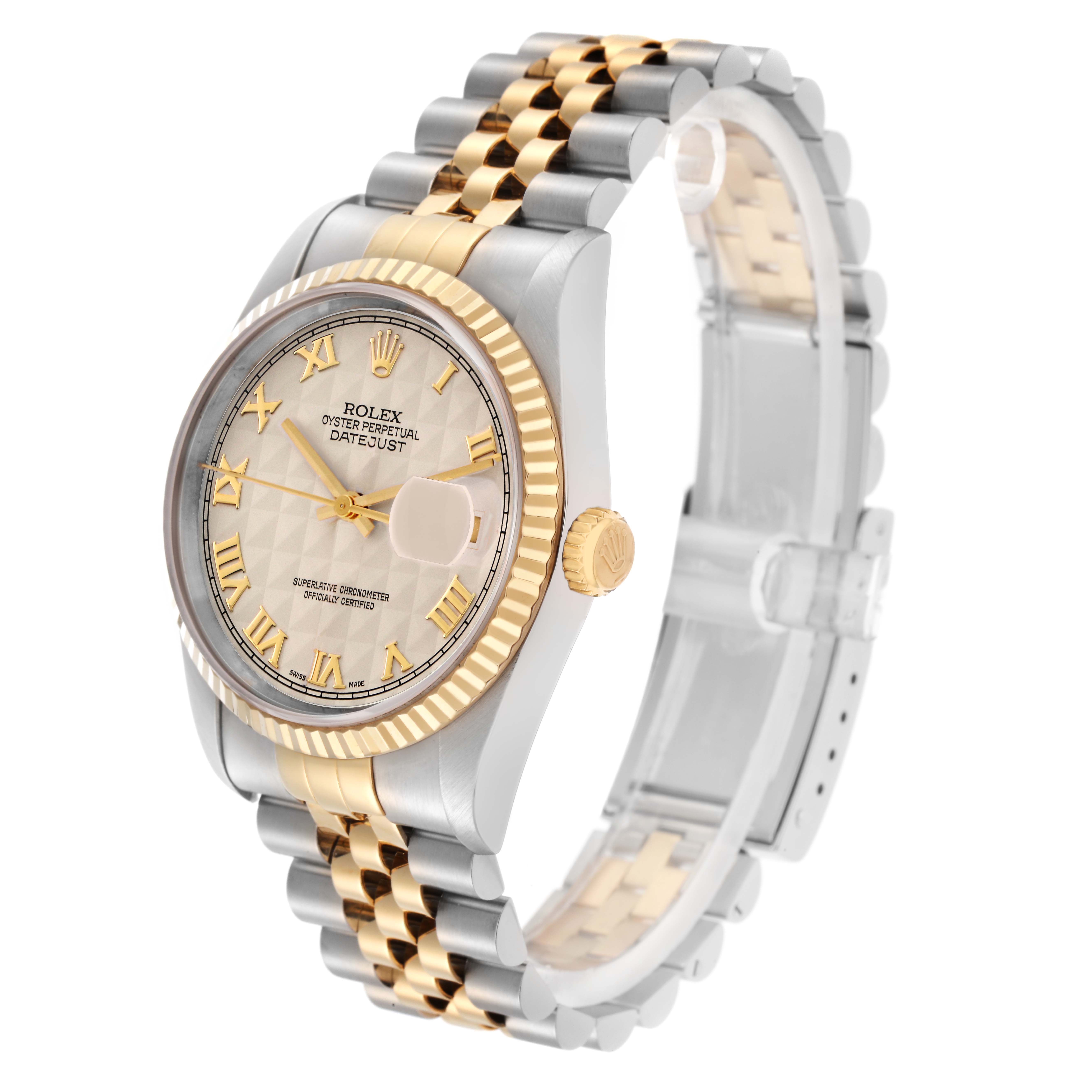 The image shows a Rolex Datejust model 16233 men
s watch at a three-quarter angle, highlighting its face, bezel, crown, and two-tone bracelet.