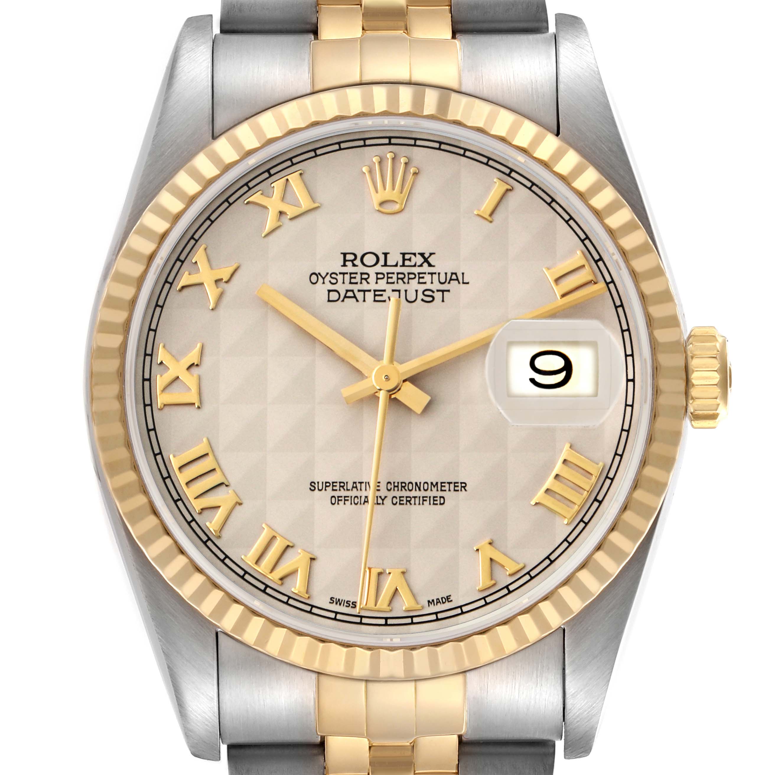 The image shows a front view of a Rolex Datejust, model 16233, highlighting the face, bezel, and part of the bracelet.