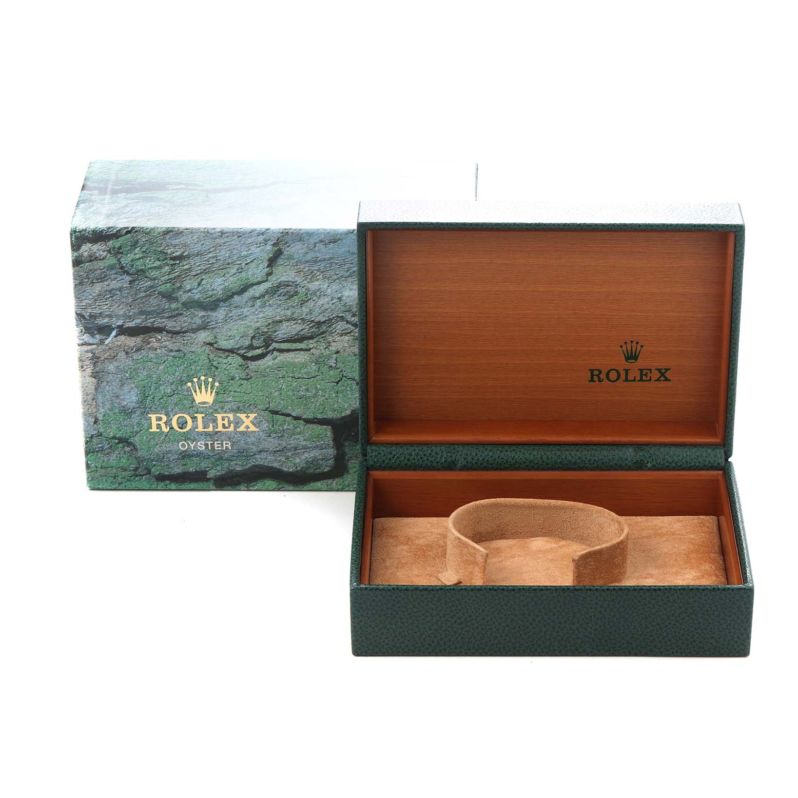 The image shows the packaging for a Rolex Datejust model 16233 men
s watch, featuring an open green textured box and a matching outer box.