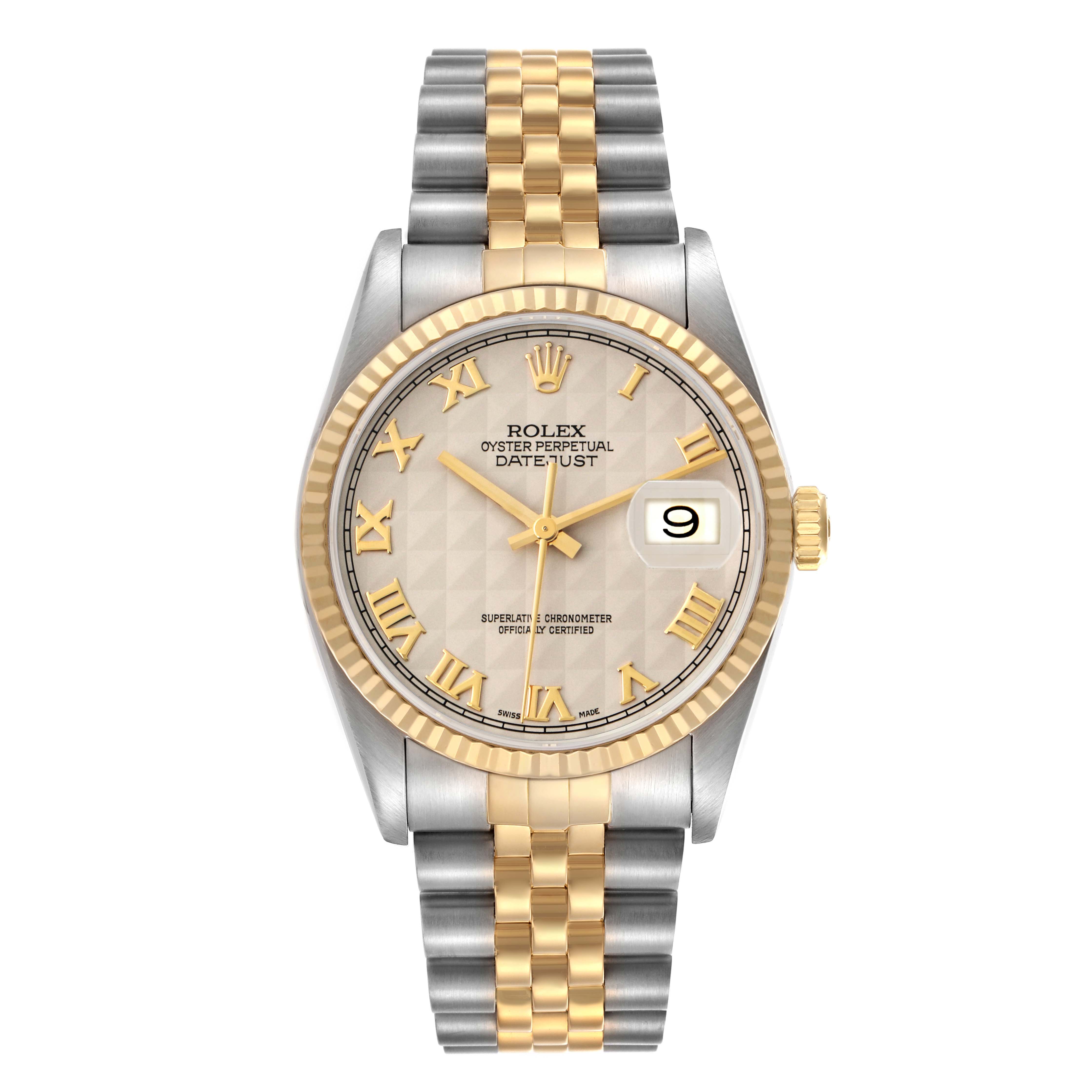 The image shows a Rolex Datejust men
s watch, model 16233, from a front angle, highlighting the dial, bezel, bracelet, and crown.