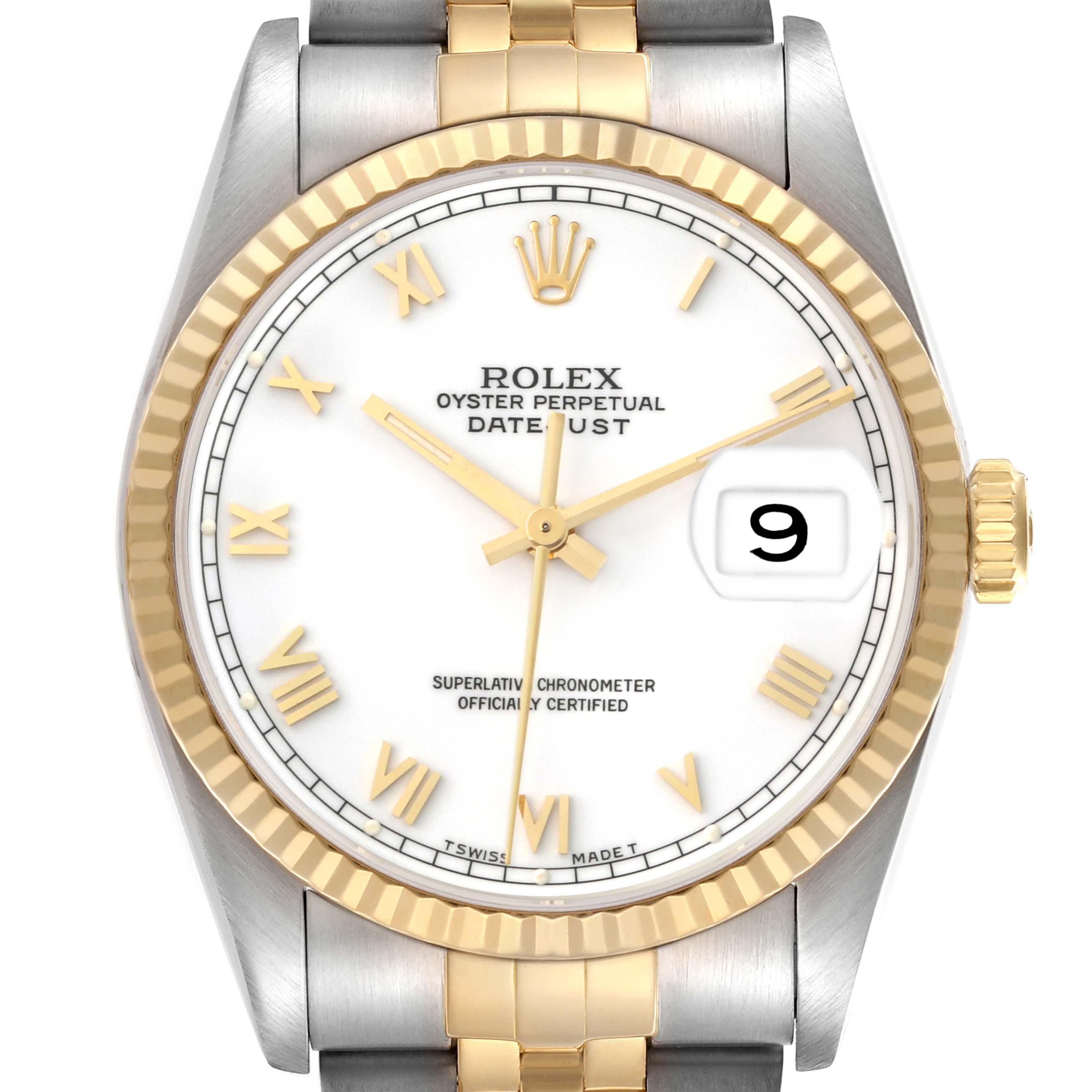 The image shows a front view of the Rolex Datejust model 16233 watch, highlighting its white dial, Roman numeral markers, gold bezel, and two-tone bracelet.