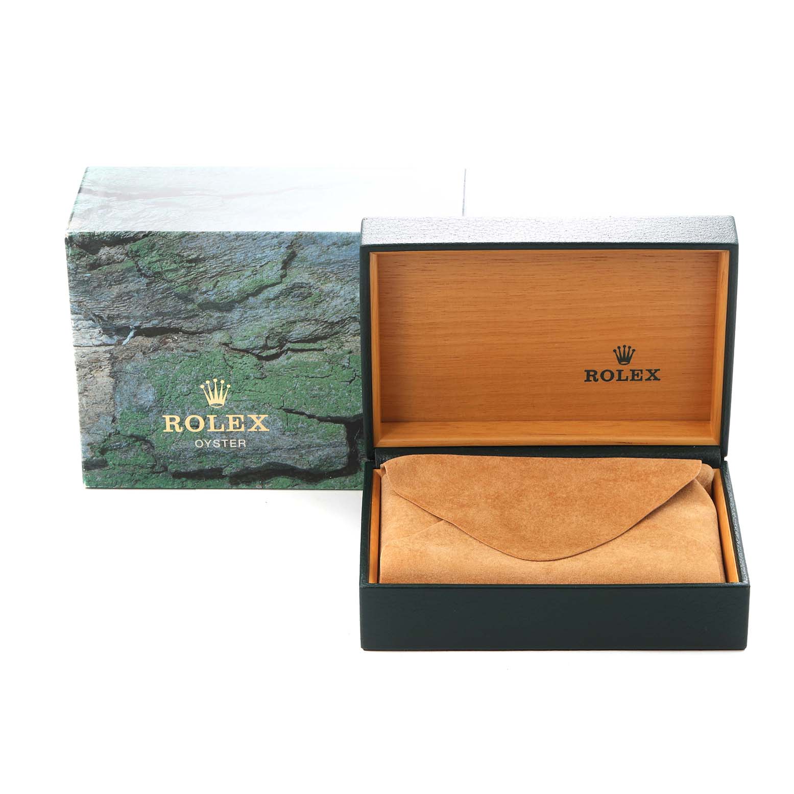 The image shows an open Rolex box, likely for the Datejust model 16233 men's watch, with a suede pouch inside and the outer cardboard box visible.