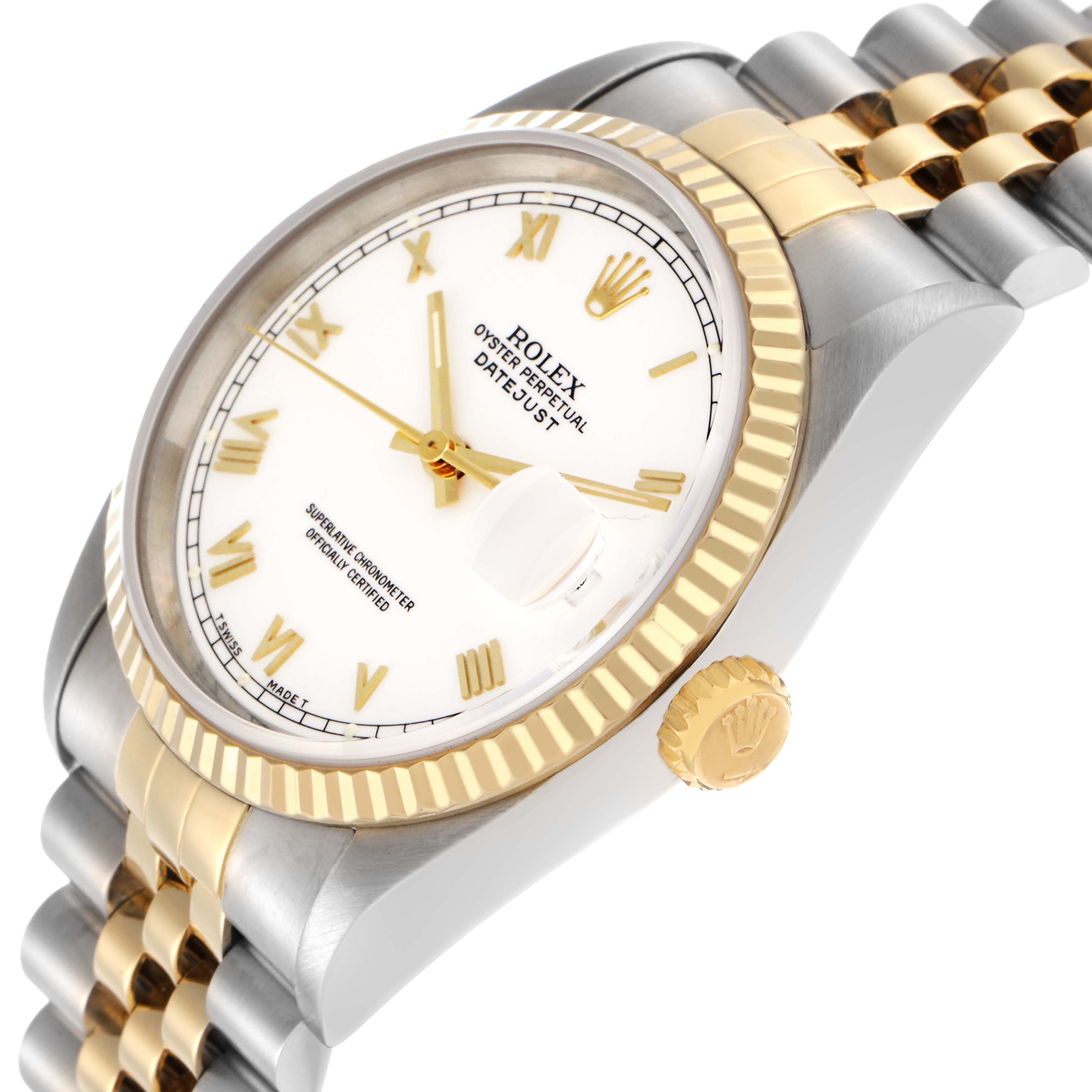 The image shows a Rolex Datejust model 16233 watch at an angled view, highlighting the gold fluted bezel, crown, white dial, and two-tone bracelet.