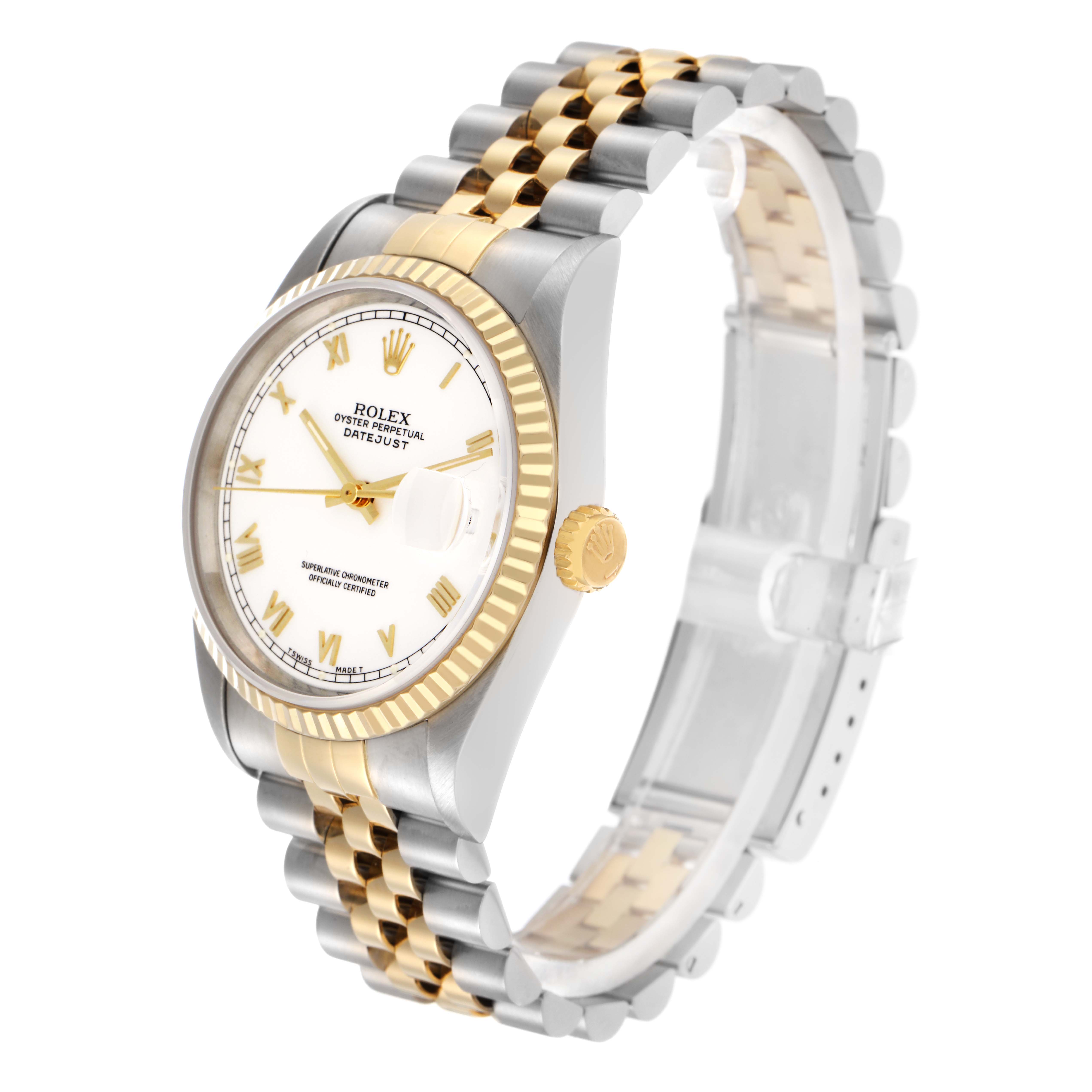 The image shows a Rolex Datejust model 16233 men's watch at a three-quarter angle, highlighting the dial, bezel, crown, and two-tone Jubilee bracelet.
