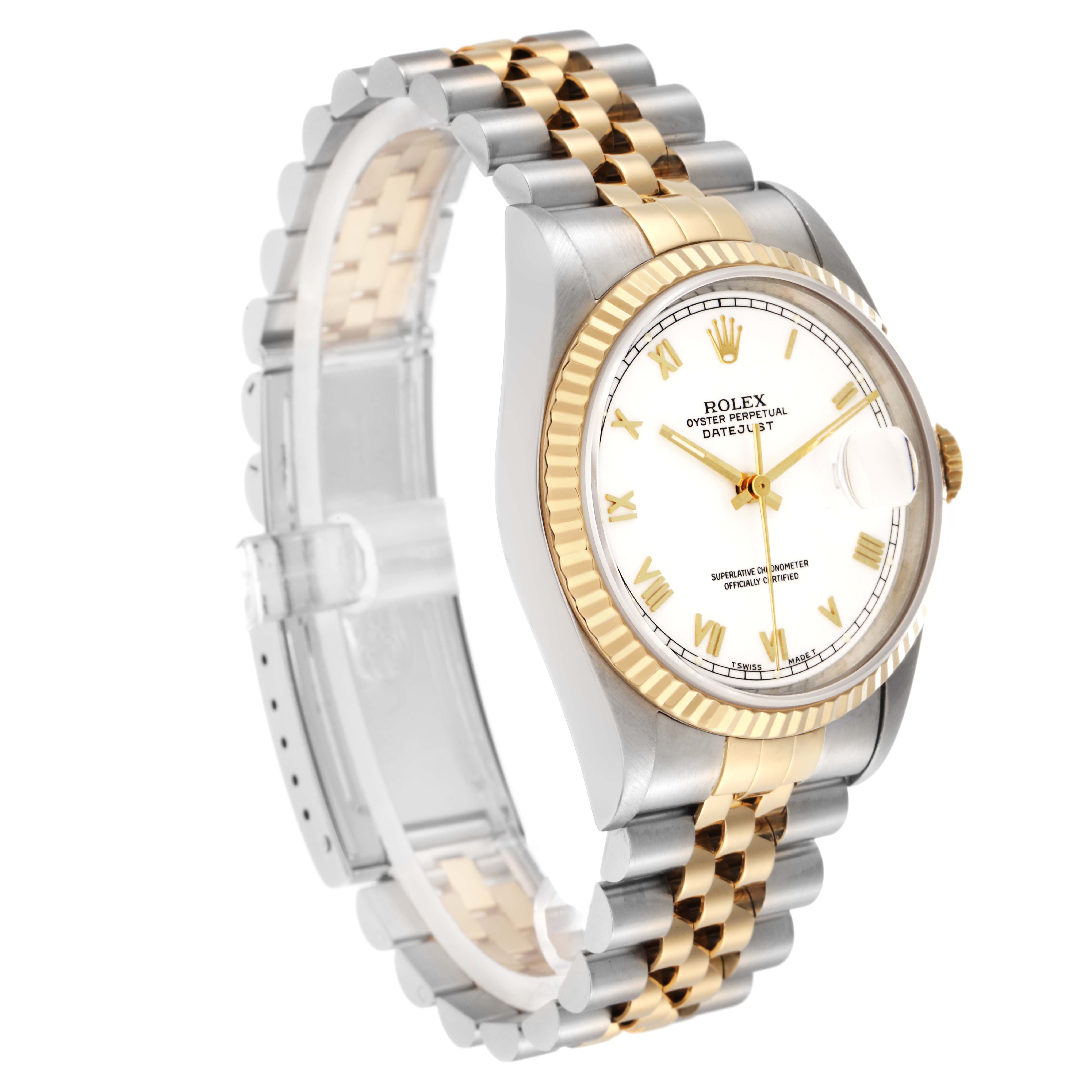 The image shows the Rolex Datejust model 16233 at a three-quarter angle, highlighting the face, fluted bezel, and two-tone jubilee bracelet.