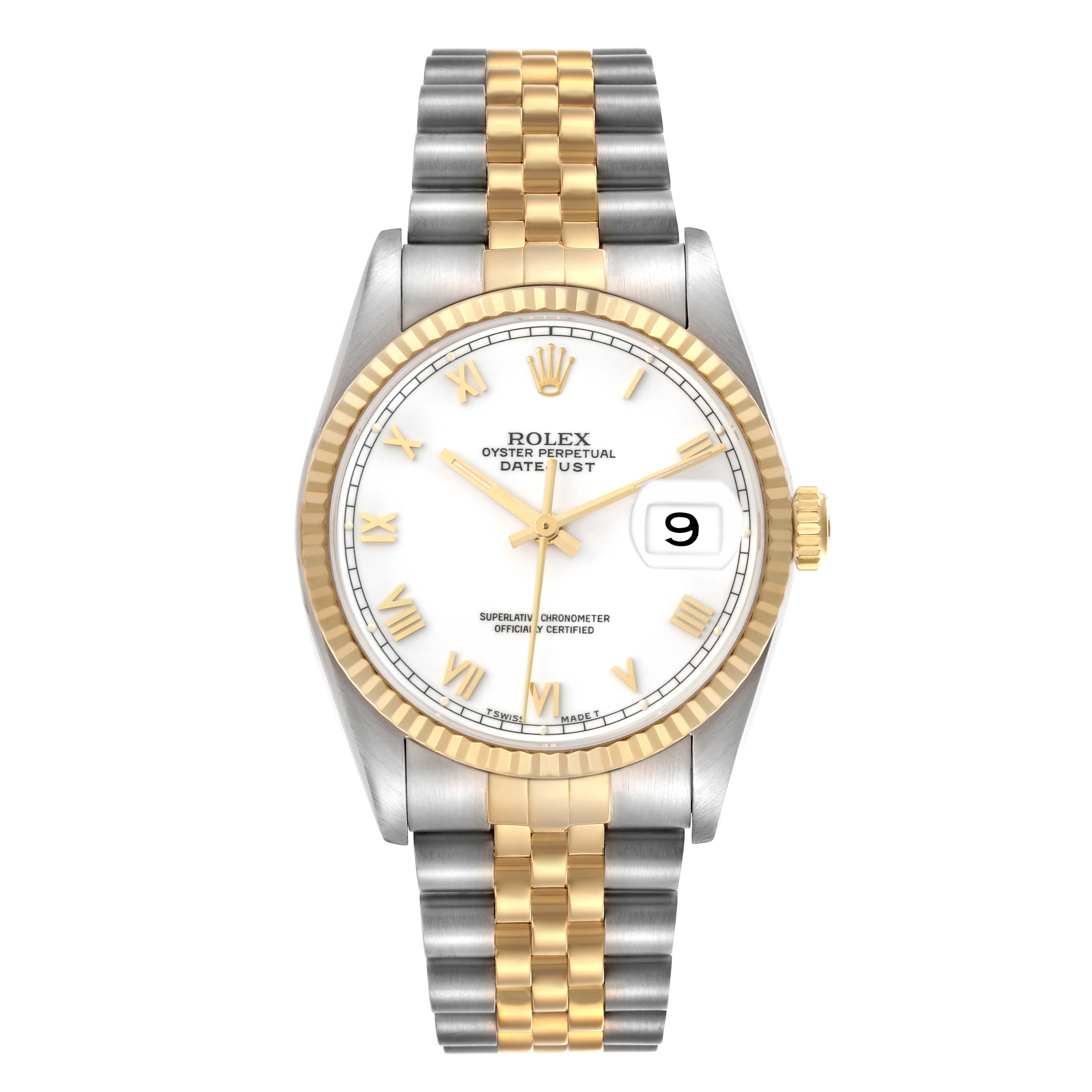 The Rolex Datejust model 16233 is shown from the front, highlighting its gold fluted bezel, white dial with gold Roman numerals, and two-tone Jubilee bracelet.