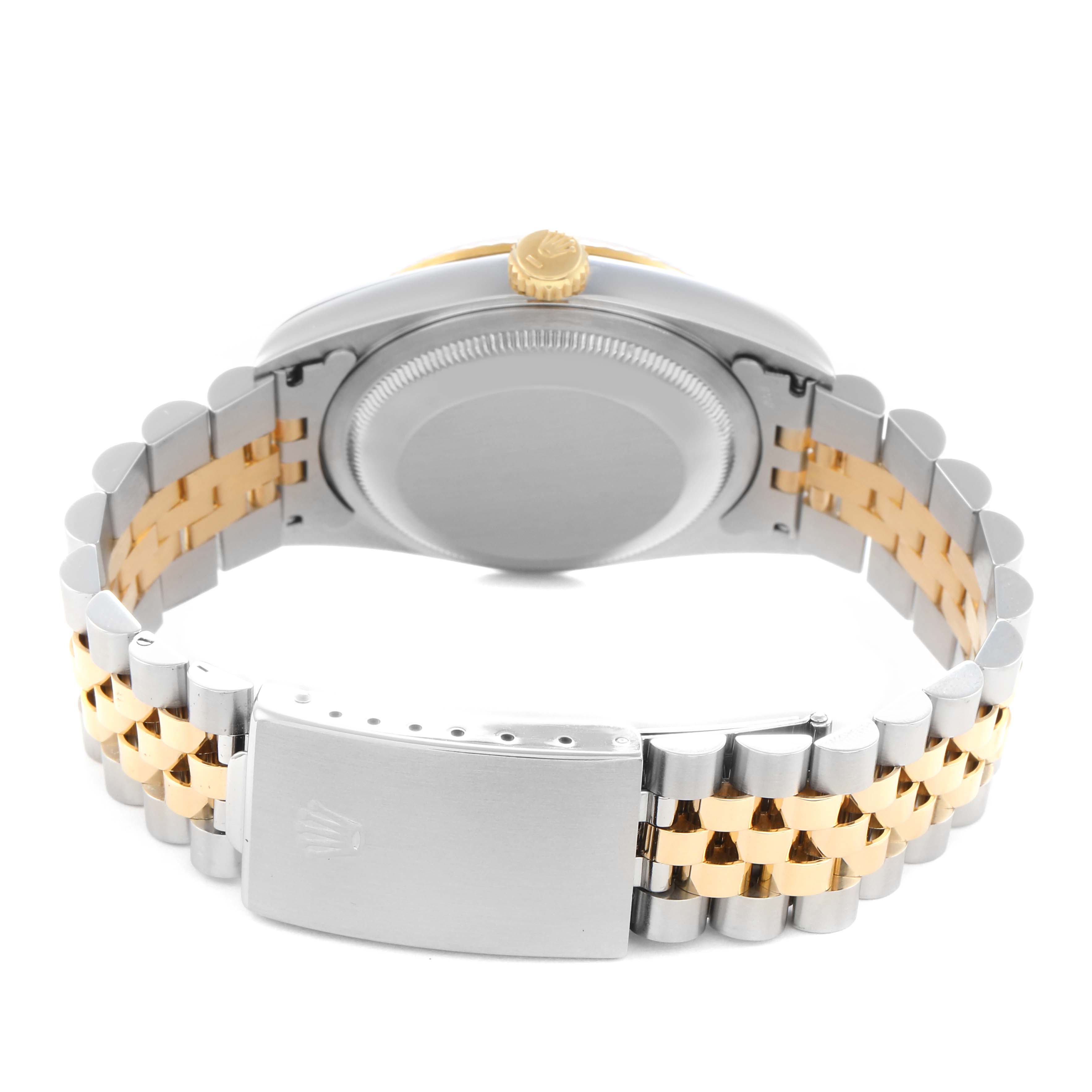 The image shows the back of a Rolex Datejust model 16233 men's watch, highlighting the case back and two-tone bracelet with the clasp visible.