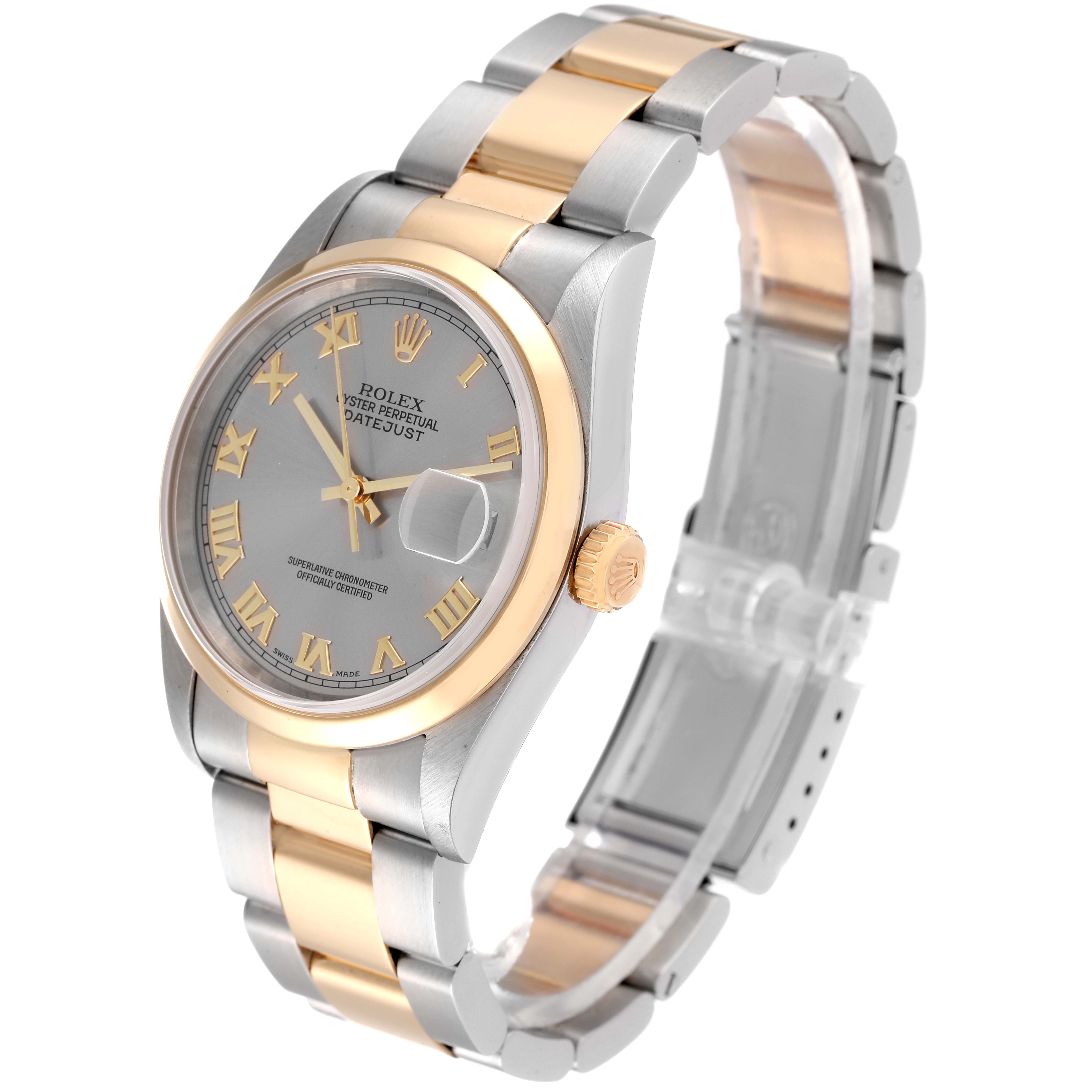 The image shows a Rolex Datejust 16203 Men
s Steel and Gold (two tone) Grey Dial 16203 Men
s Steel and Gold (two tone) Grey Dial watch at a three-quarter angle, displaying the face, crown, bezel, and bracelet.