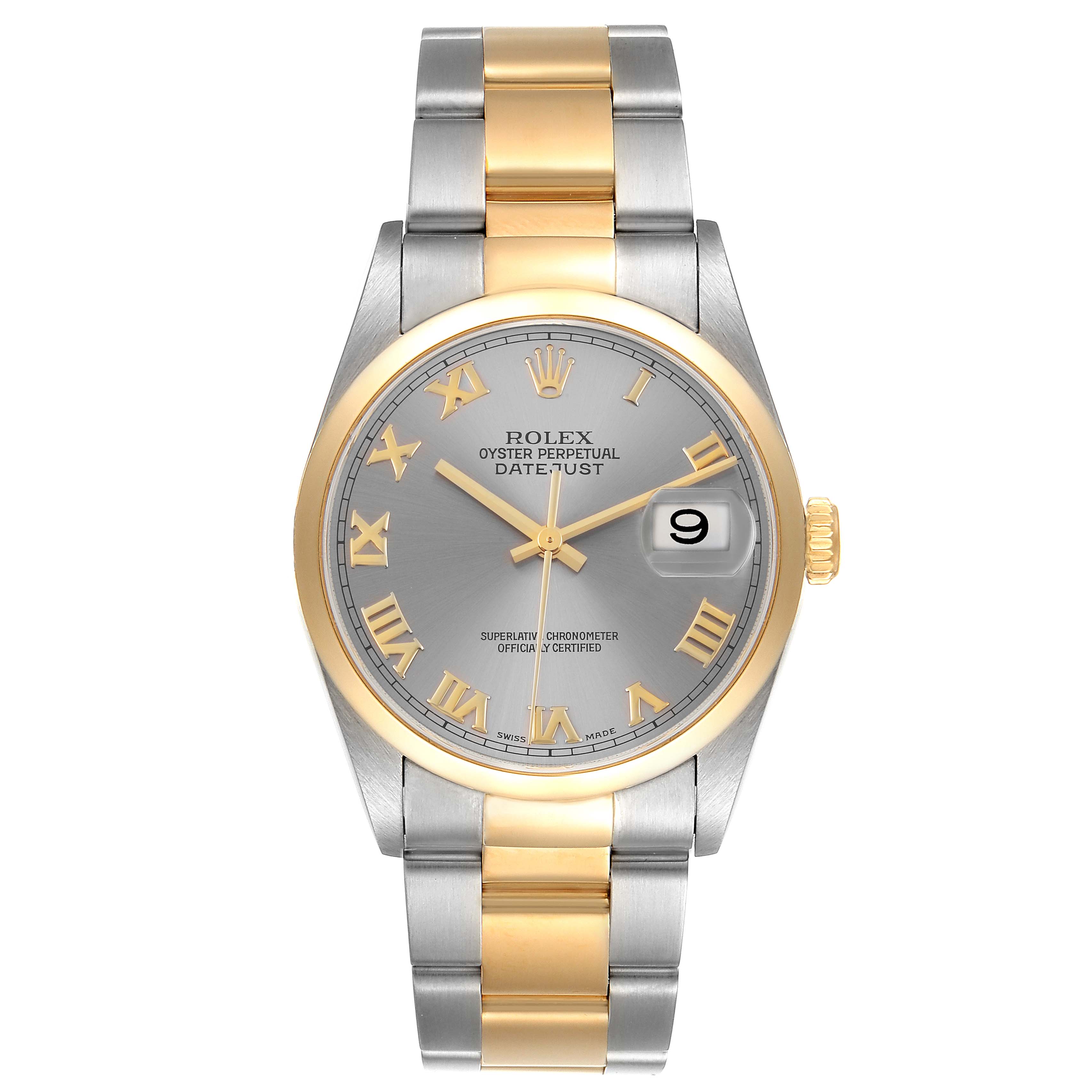 The image shows a front view of a Rolex Datejust 16203 Men
s Steel and Gold (two tone) Grey Dial 16203 Men
s Steel and Gold (two tone) Grey Dial watch featuring a two-tone metal bracelet and a Roman numeral dial.