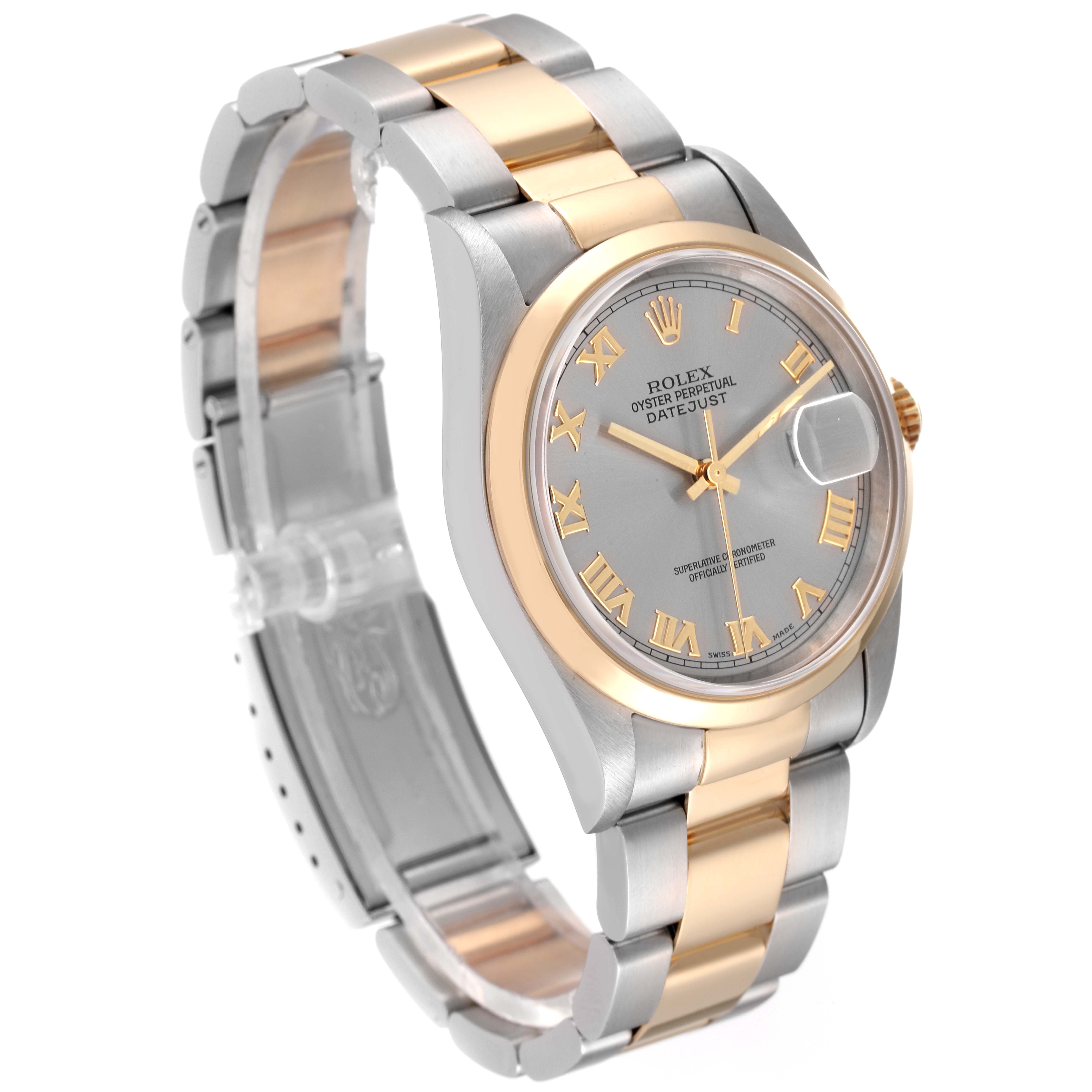 The Rolex Datejust 16203 Men
s Steel and Gold (two tone) Grey Dial 16203 Men
s Steel and Gold (two tone) Grey Dial watch is shown at an oblique angle, highlighting the two-tone bracelet, bezel, and dial.