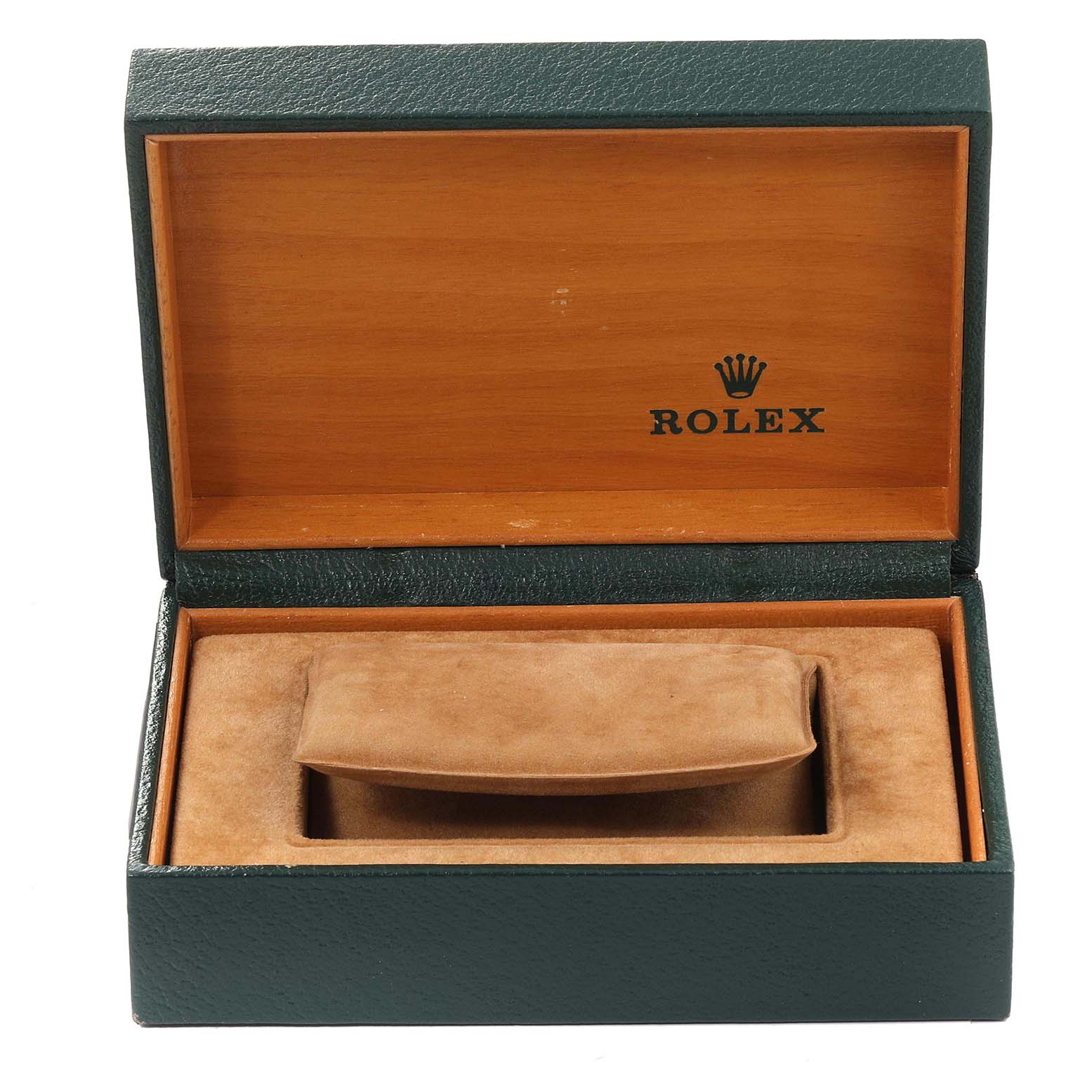 This image shows an open Rolex Datejust 16203 Men
s Steel and Gold (two tone) Grey Dial 16203 Men
s Steel and Gold (two tone) Grey Dial watch box with a tan cushion inside, viewed from a front angle.