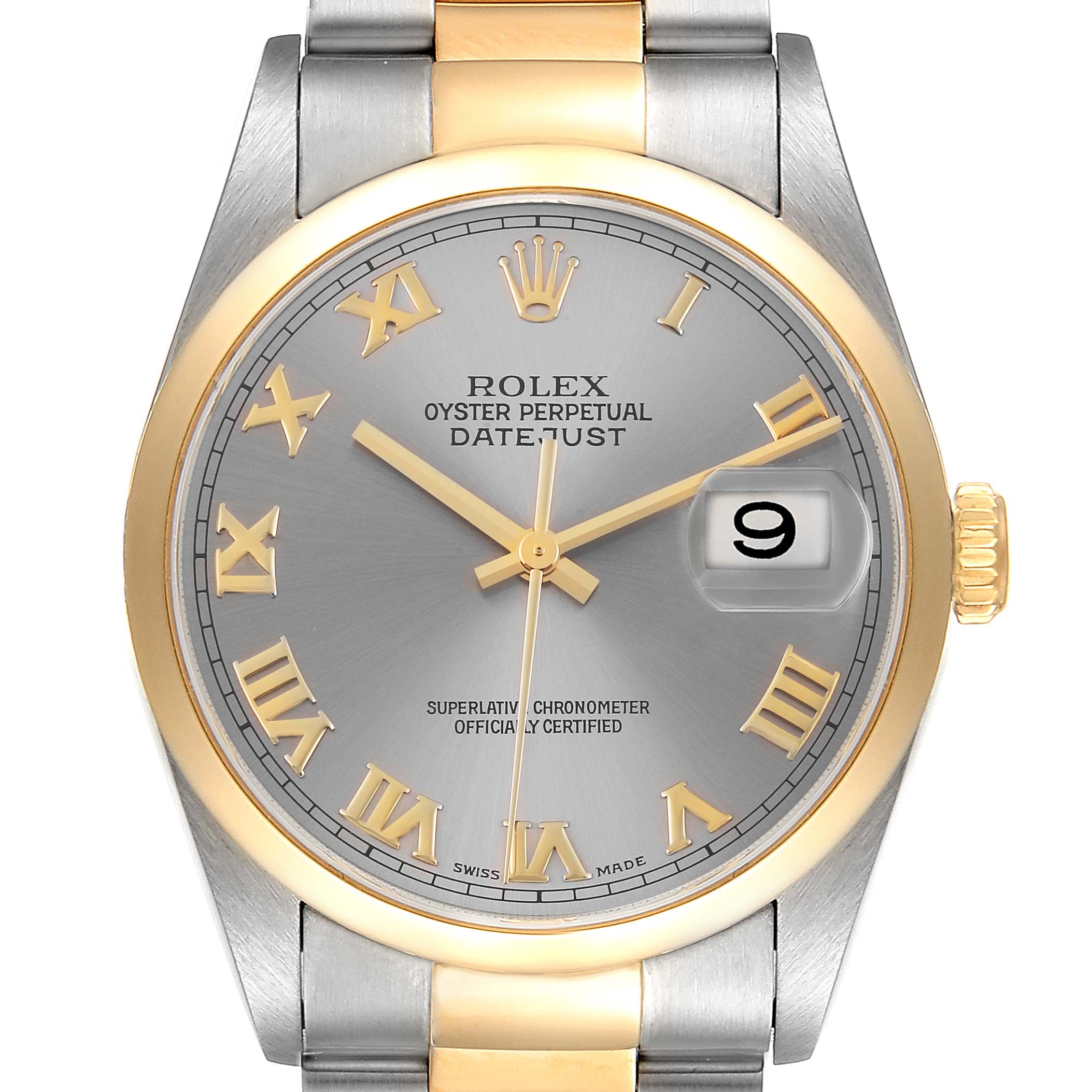 The image shows a frontal view of a Rolex Datejust 16203 Men
s Steel and Gold (two tone) Grey Dial 16203 Men
s Steel and Gold (two tone) Grey Dial watch with a gold and silver tone, roman numeral markers, and a date window.