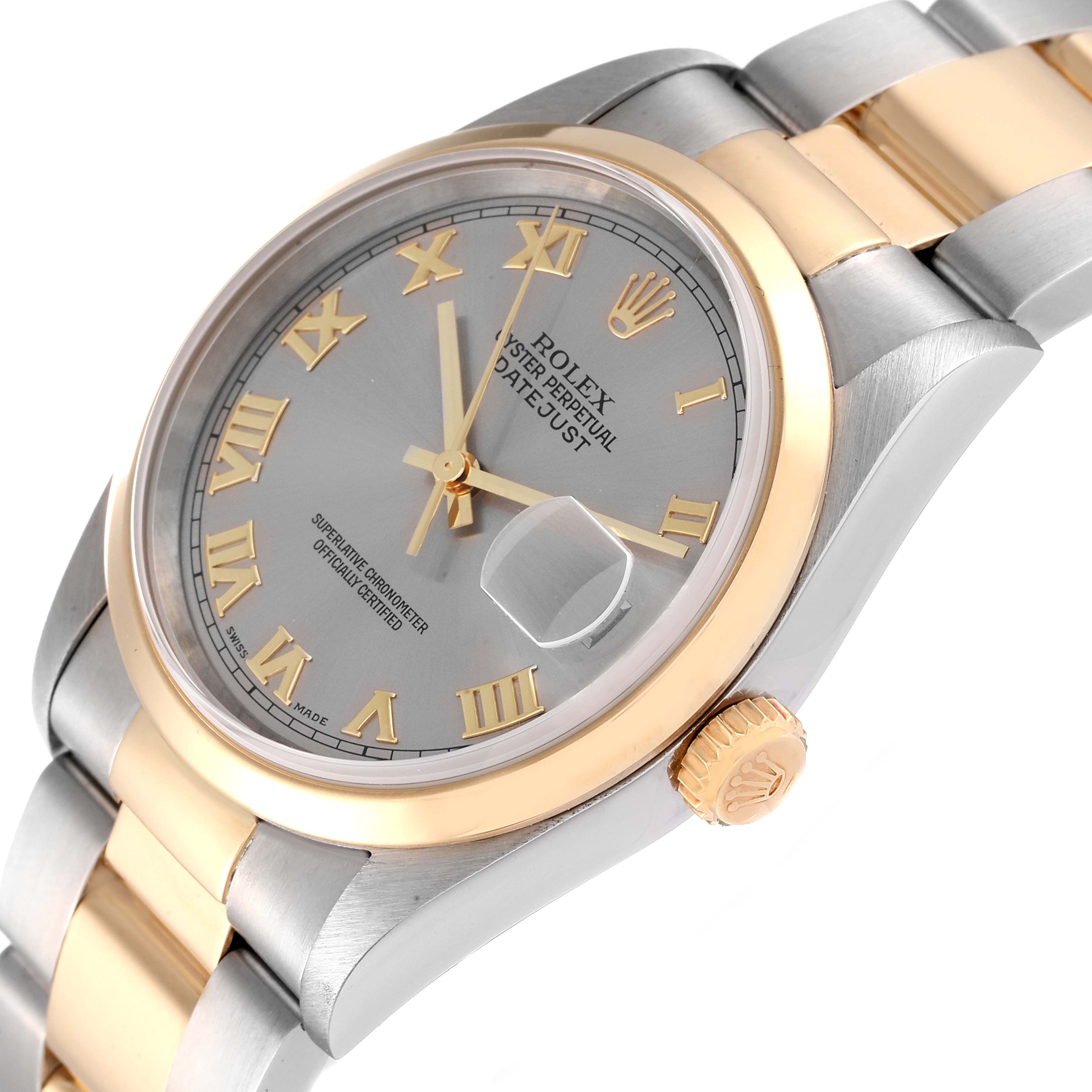 This image shows a close-up angle of the Rolex Datejust 16203 Men
s Steel and Gold (two tone) Grey Dial 16203 Men
s Steel and Gold (two tone) Grey Dial model, displaying the dial, crown, and part of the bracelet.