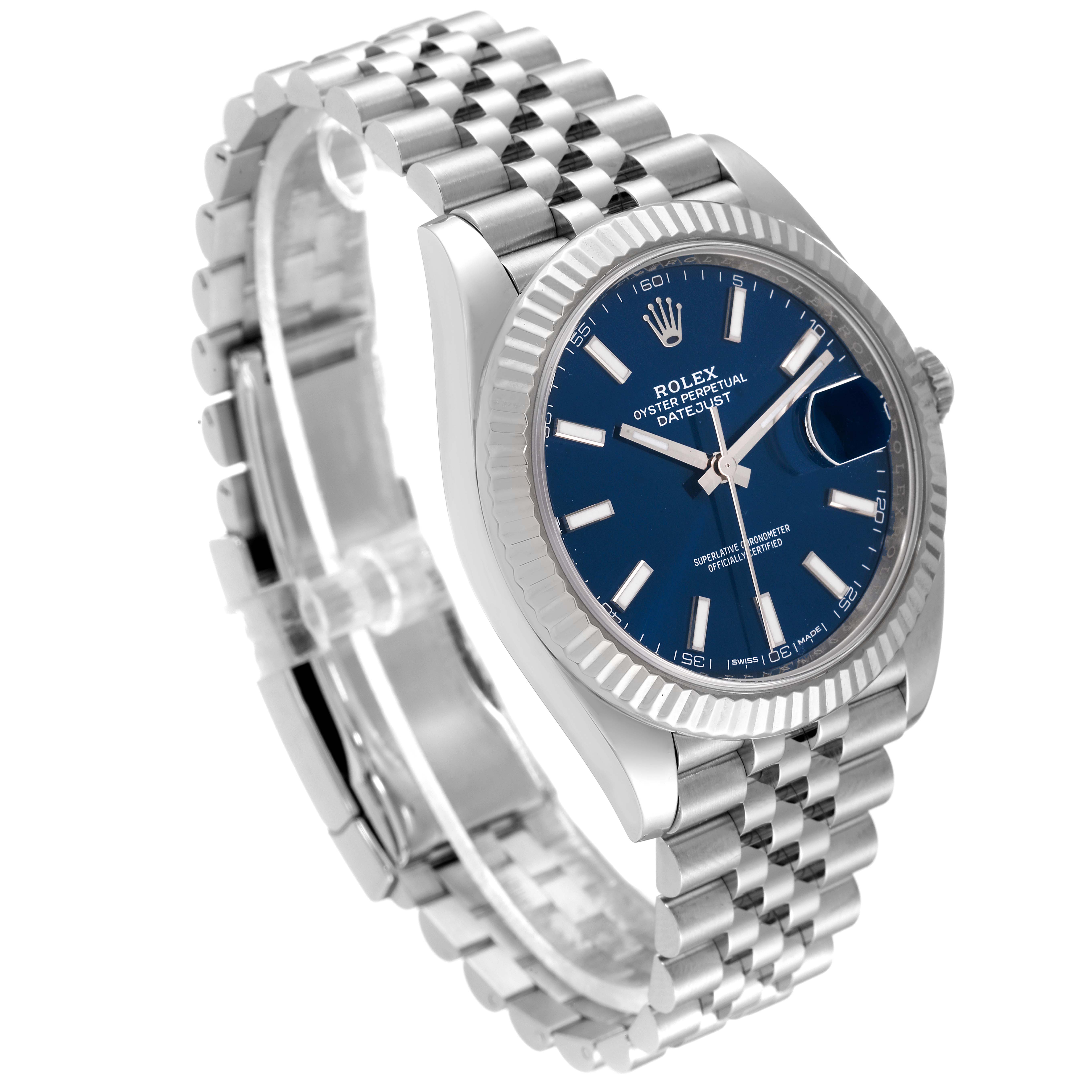 This image shows a Rolex Datejust 41 126334 Men's Stainless Steel Blue Dial 126334 Men's Stainless Steel Blue Dial model watch angled from the front left, highlighting its blue dial, fluted bezel, and Jubilee bracelet.