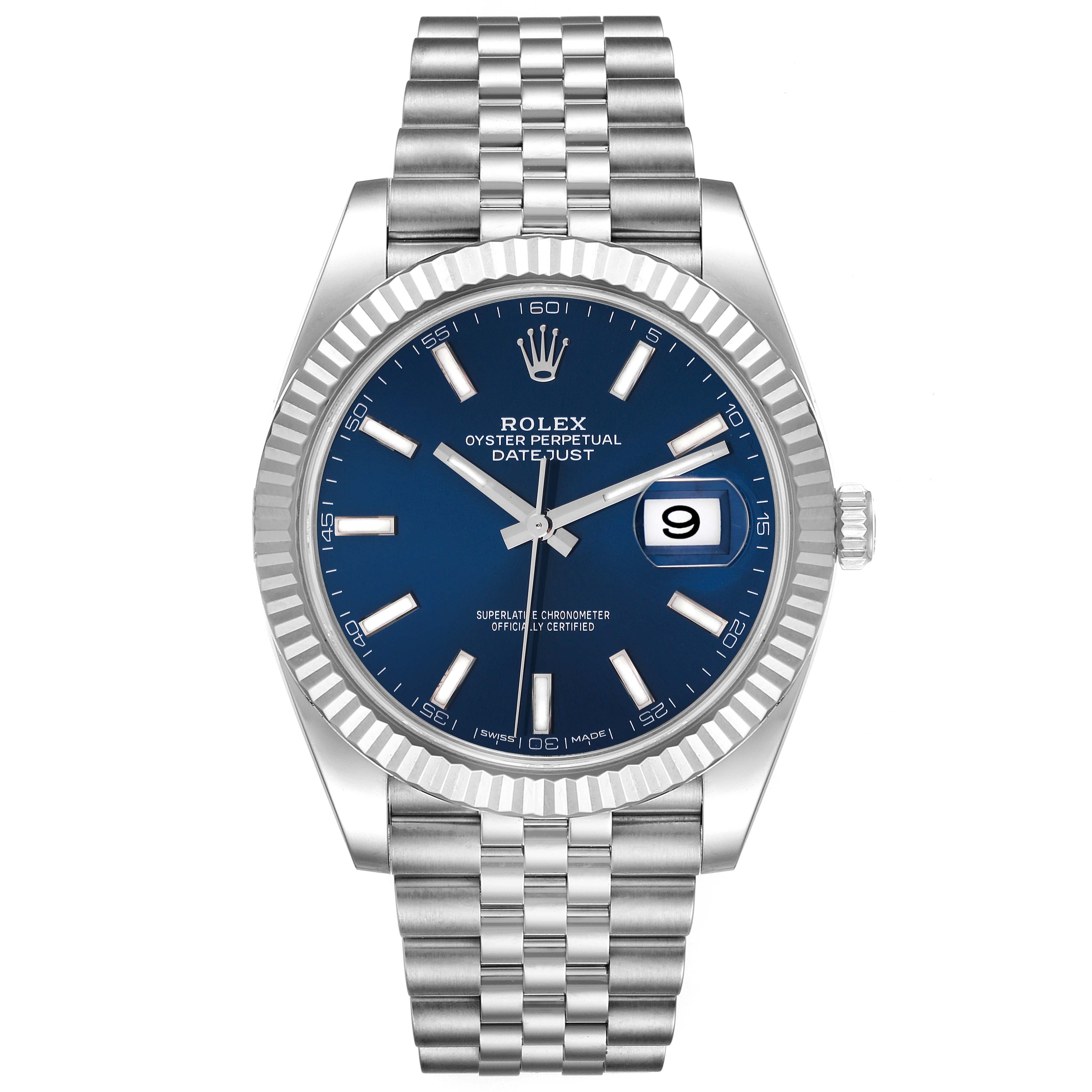 The image shows a front view of a Rolex Datejust 41 126334 Men's Stainless Steel Blue Dial 126334 Men's Stainless Steel Blue Dial watch, highlighting the blue dial and fluted bezel with the Jubilee bracelet.