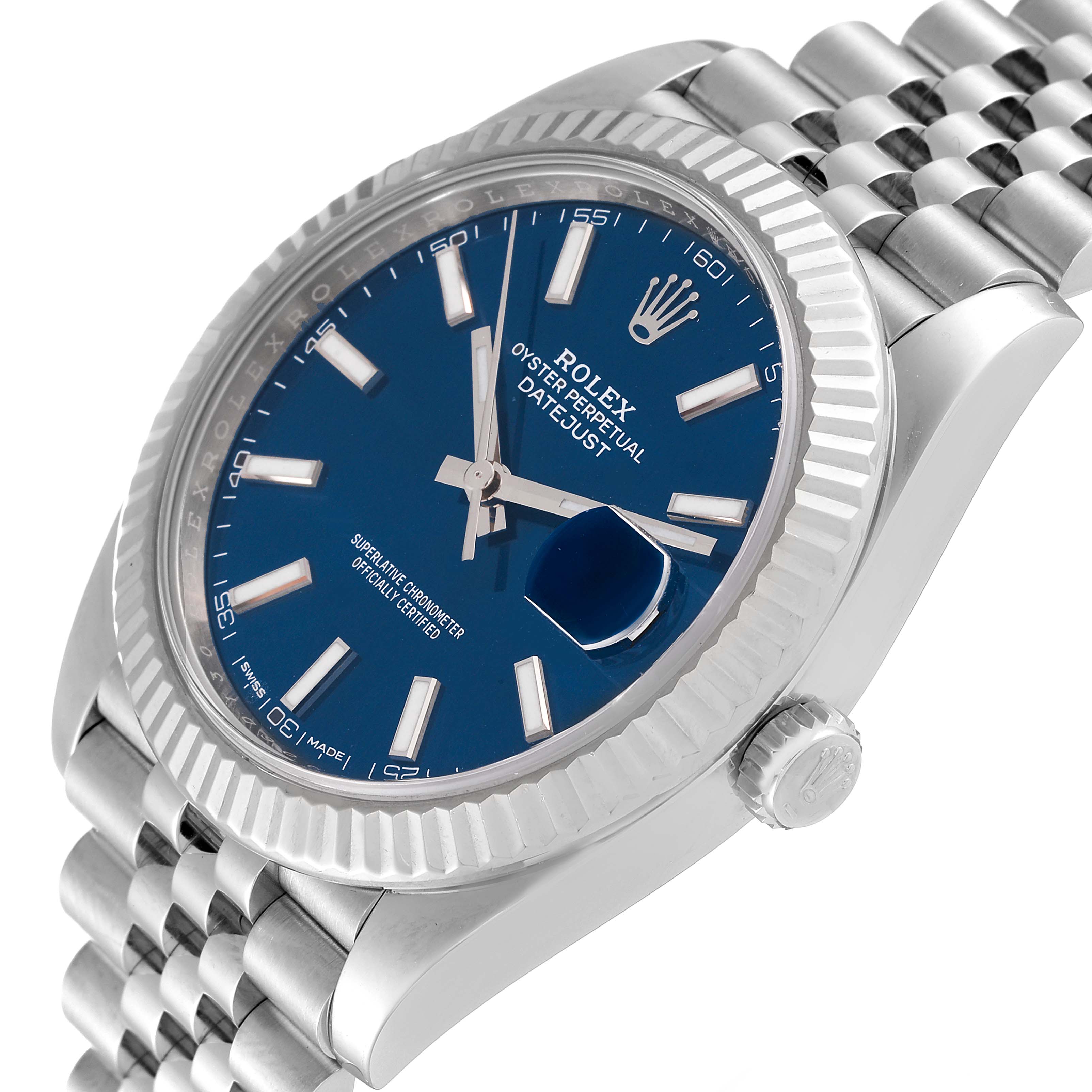 This image shows a Rolex Datejust 41 126334 Men's Stainless Steel Blue Dial 126334 Men's Stainless Steel Blue Dial watch from an angled top view, highlighting its blue dial, fluted bezel, and jubilee bracelet.