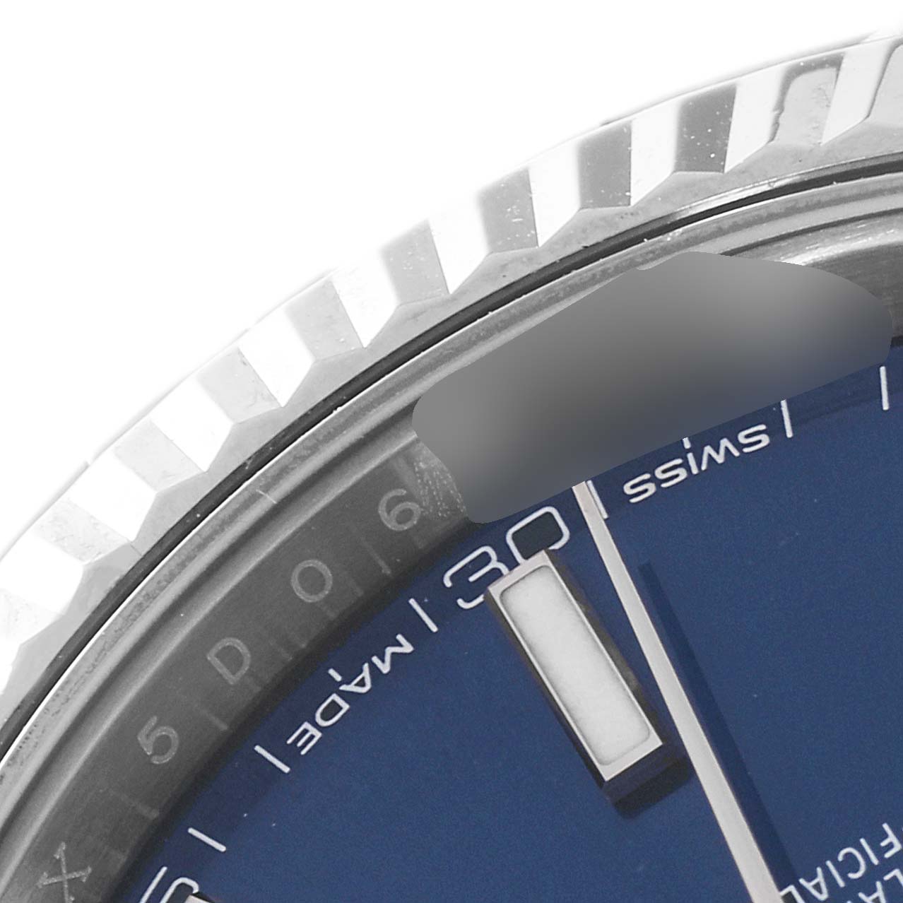 This is a close-up of the Rolex Datejust 41 126334 Men's Stainless Steel Blue Dial 126334 Men's Stainless Steel Blue Dial model, showing the dial, date window, and part of the fluted bezel.