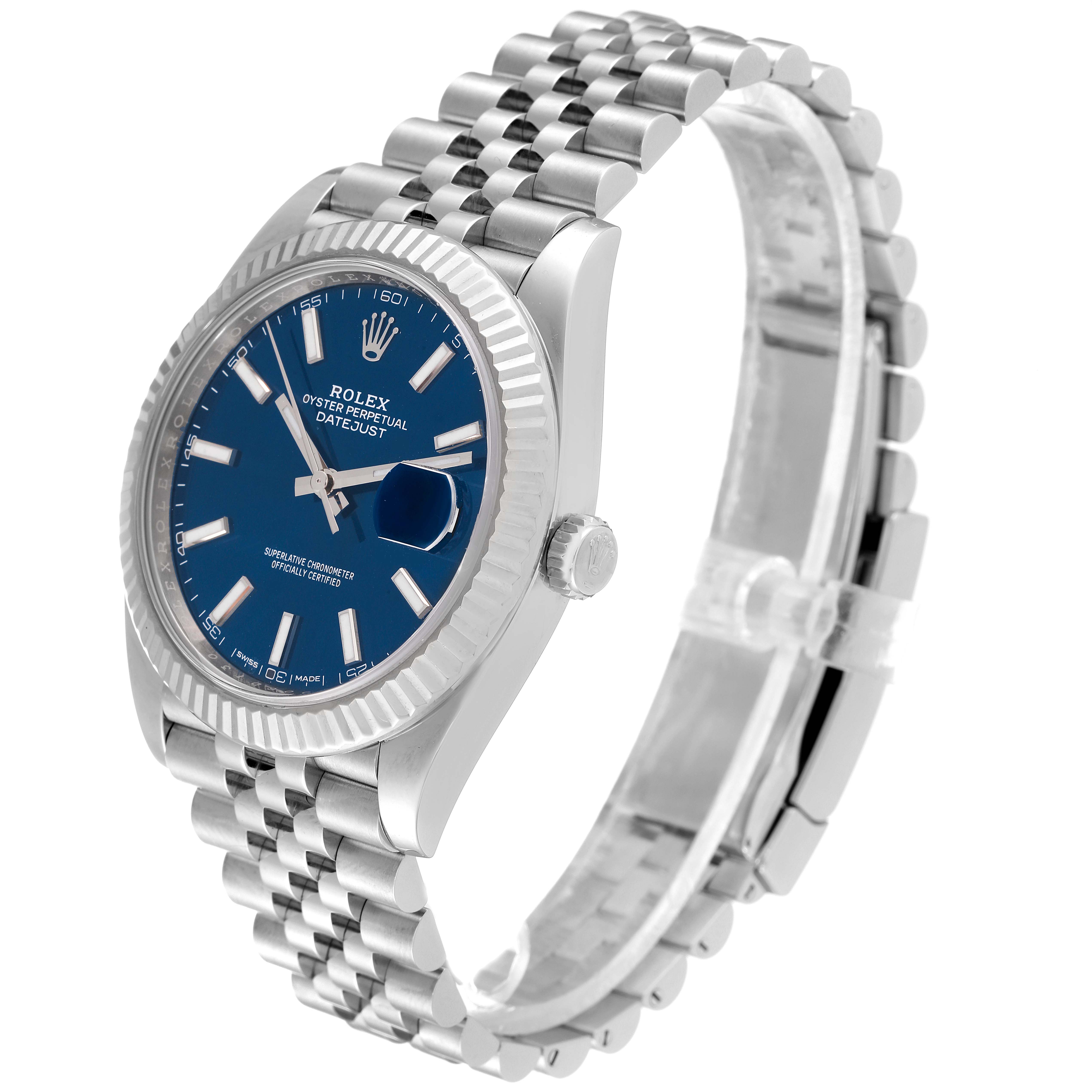 The image shows a Rolex Datejust 41 126334 Men's Stainless Steel Blue Dial 126334 Men's Stainless Steel Blue Dial model watch from a three-quarter angle, highlighting the dial, bezel, and bracelet.