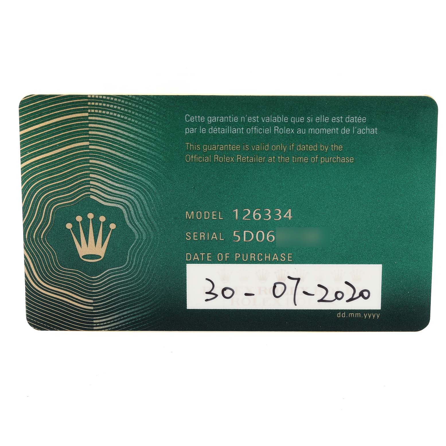 This image shows a guarantee card for a Rolex Datejust 41 126334 Men's Stainless Steel Blue Dial 126334 Men's Stainless Steel Blue Dial model with model number 126334 and serial number 5D06.