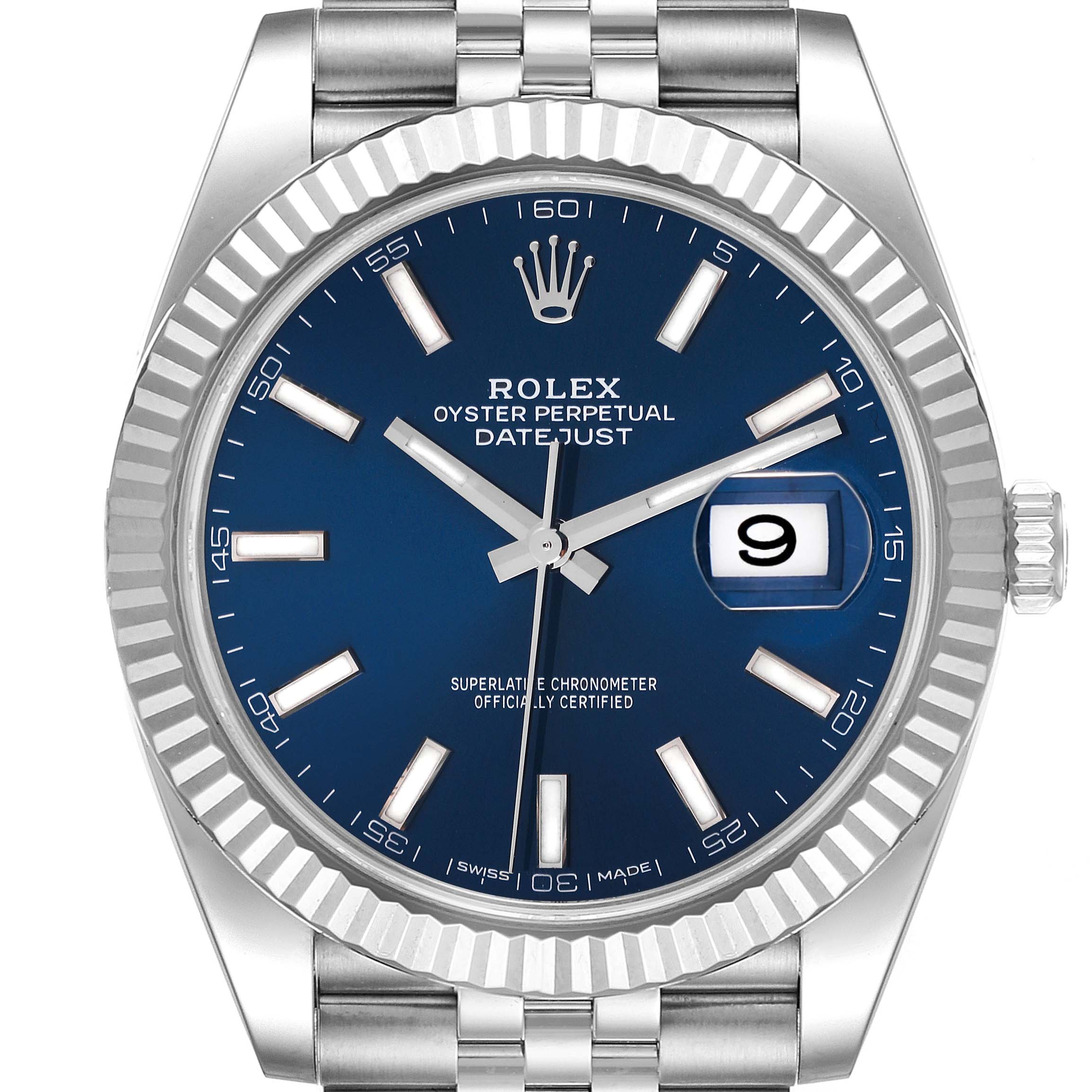 The image shows a front view of the Rolex Datejust 41 126334 Men's Stainless Steel Blue Dial 126334 Men's Stainless Steel Blue Dial model, highlighting the blue dial, fluted bezel, and Jubilee bracelet.