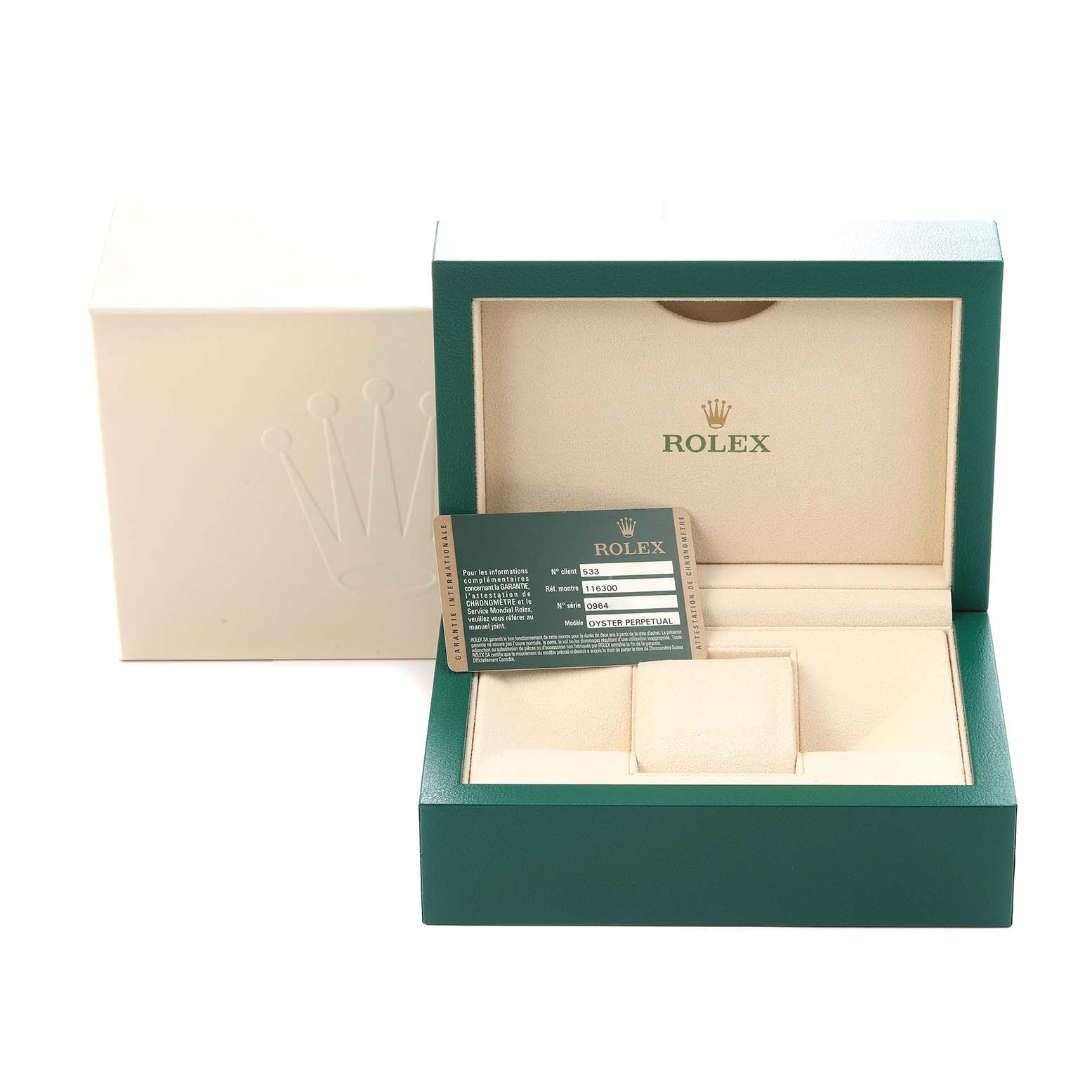 The image shows the open box and authentication card for the Rolex Datejust 41, model number 116300, with the watch not visible.