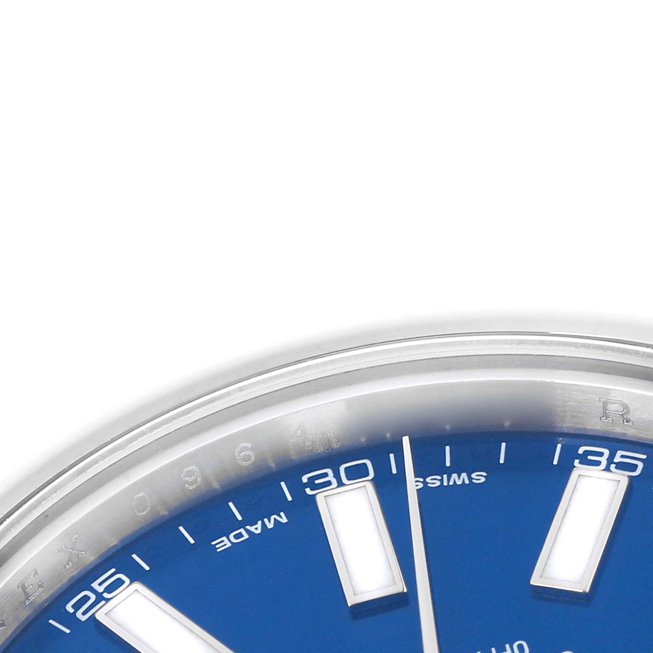 The image shows a close-up of the dial of a Rolex Datejust 41, model number 116300, highlighting the blue dial, markers, and part of the stainless steel bezel.