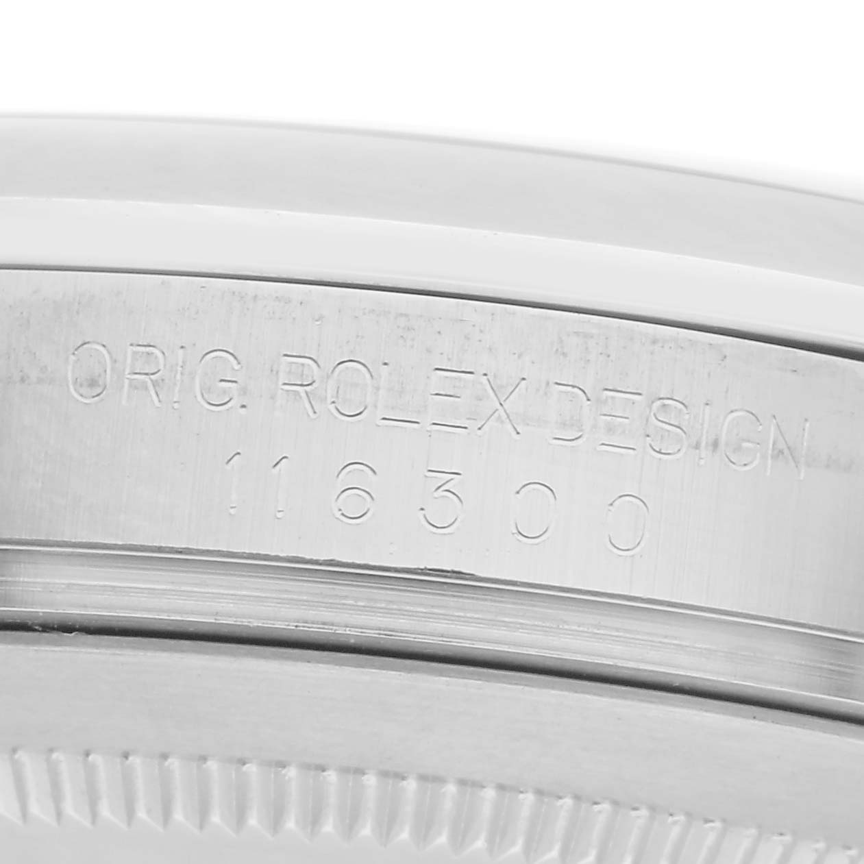 The image shows a partial side view of a Rolex Datejust 41, model number 116300, featuring the engraved "ORIG. ROLEX DESIGN 116300" on the case edge.