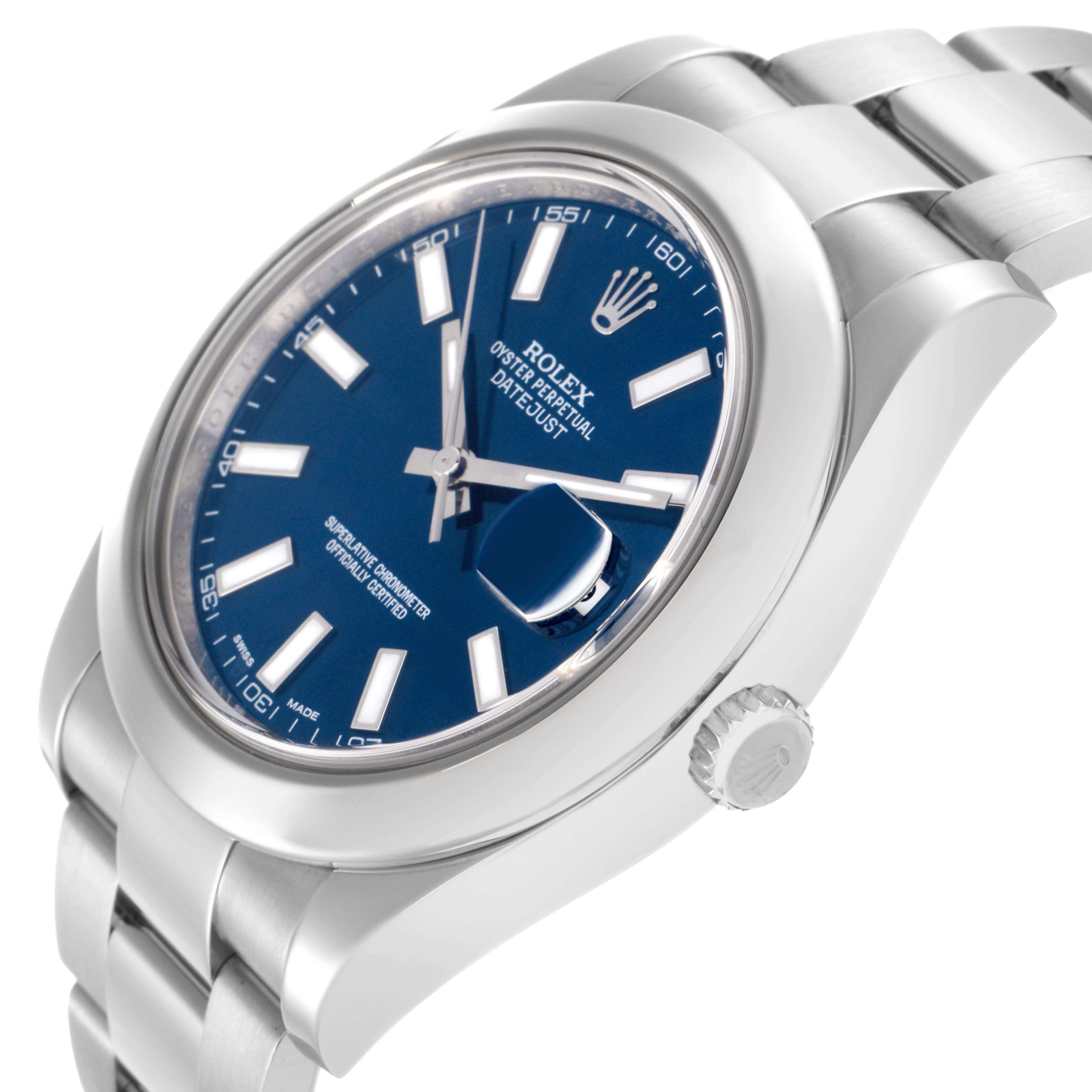 The image shows the Rolex Datejust 41 model 116300 from a side angle, highlighting the blue dial, bezel, crown, and part of the bracelet.