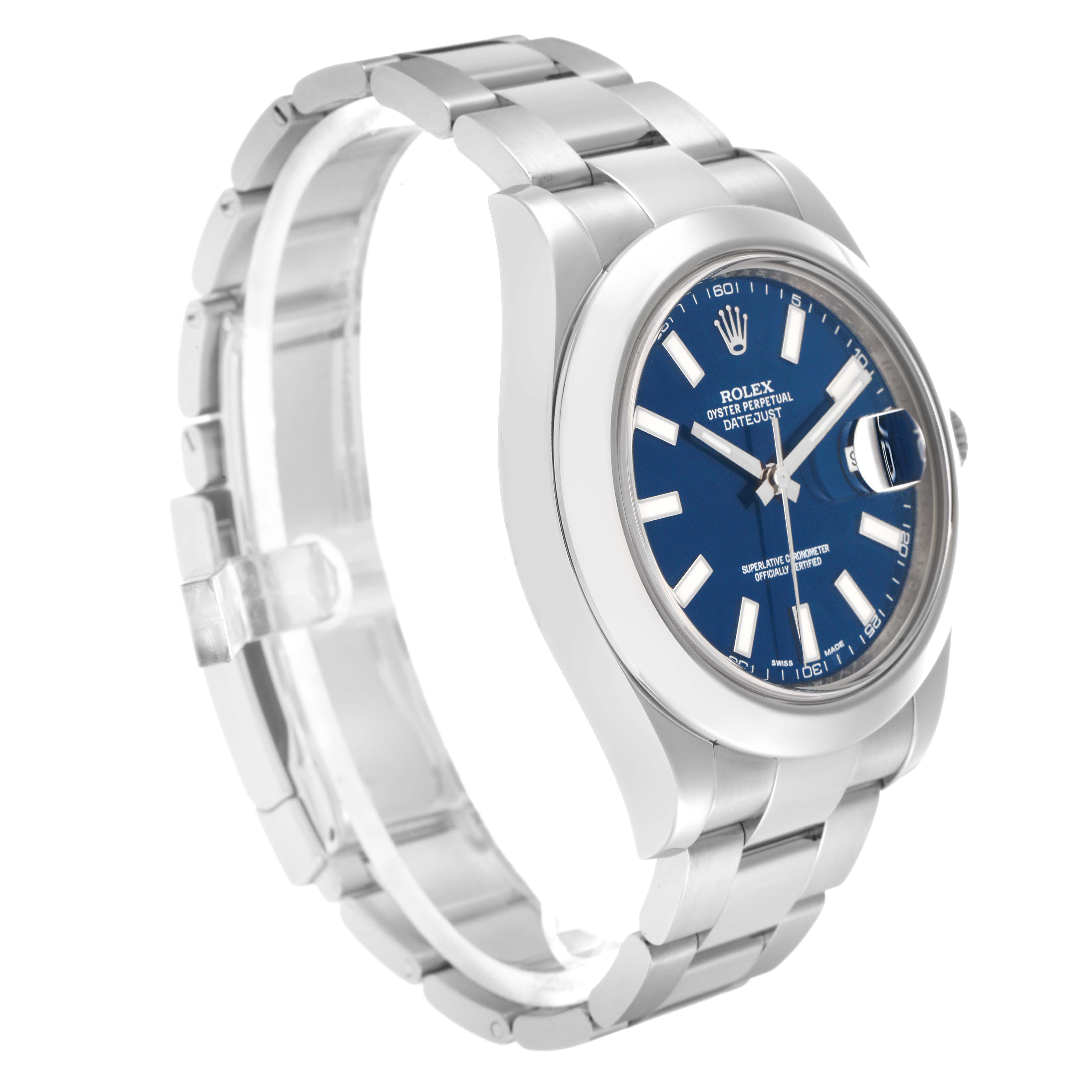 The Rolex Datejust 41 model 116300 is shown at a three-quarter angle, highlighting the blue dial, bezel, and stainless steel bracelet.