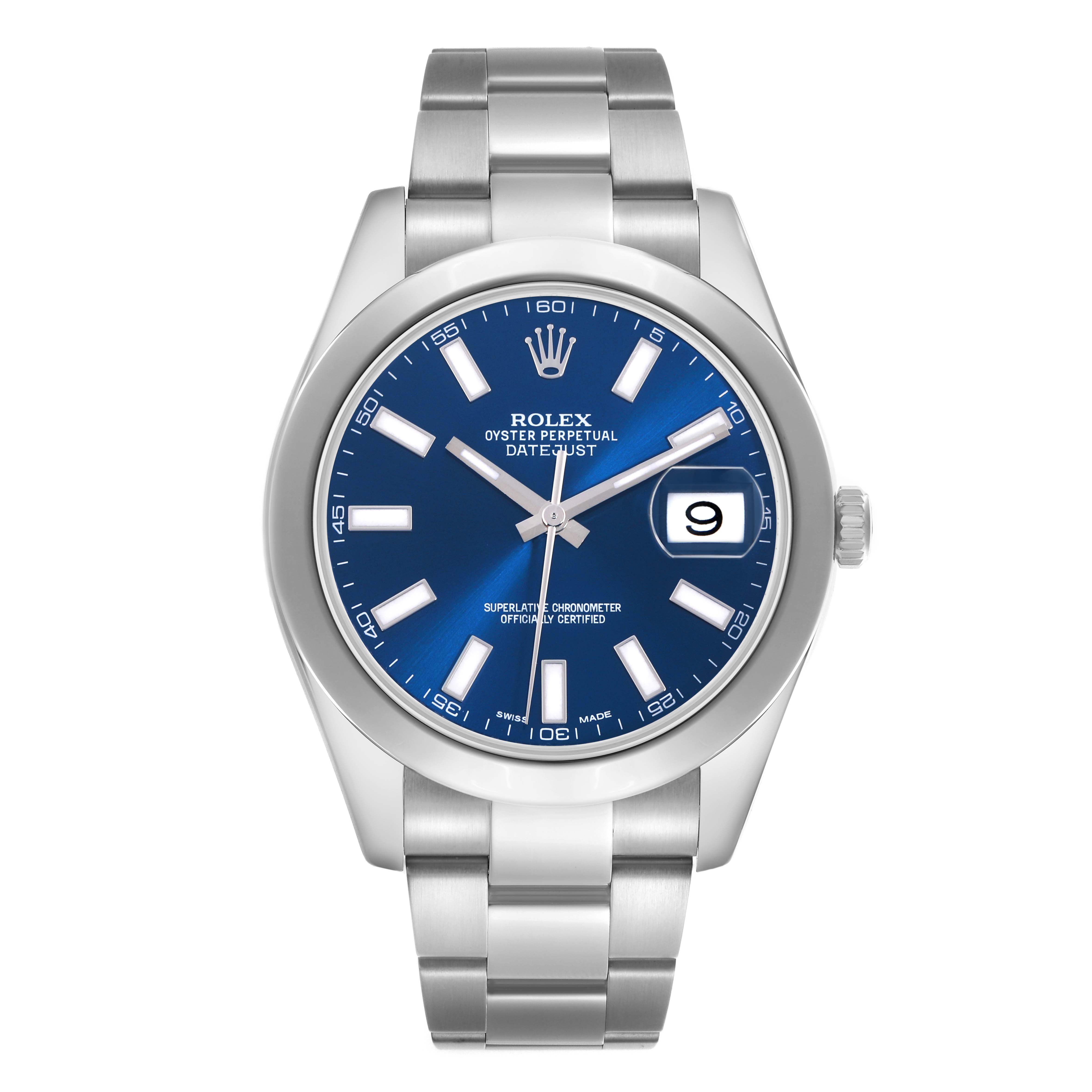 The Rolex Datejust 41 model 116300 is shown from the front, highlighting its blue dial, silver hour markers, date window, and stainless steel bracelet.