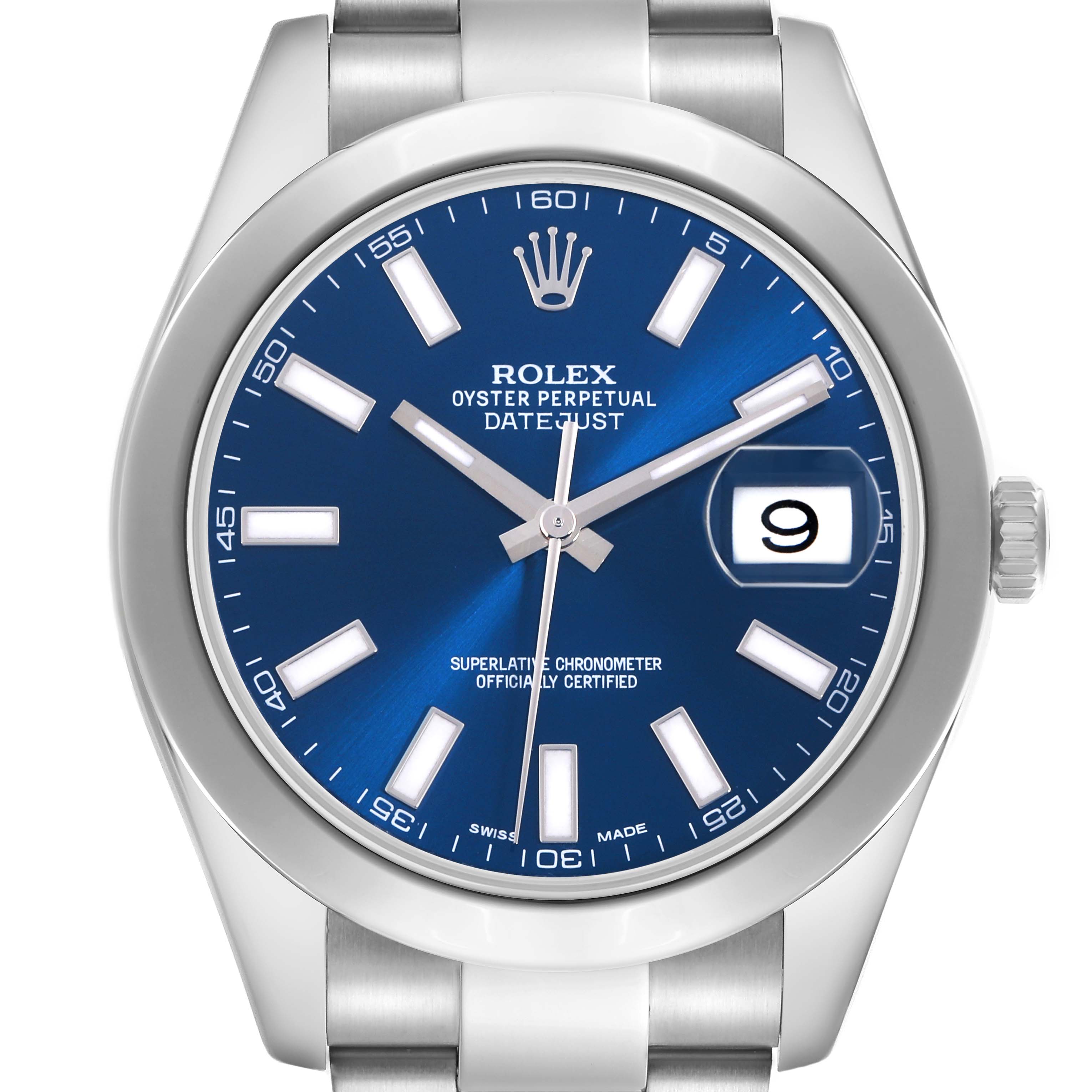 The Rolex Datejust 41 model 116300 is shown from a front angle, displaying its blue dial, silver hour markers, bezel, date feature, and part of the bracelet.