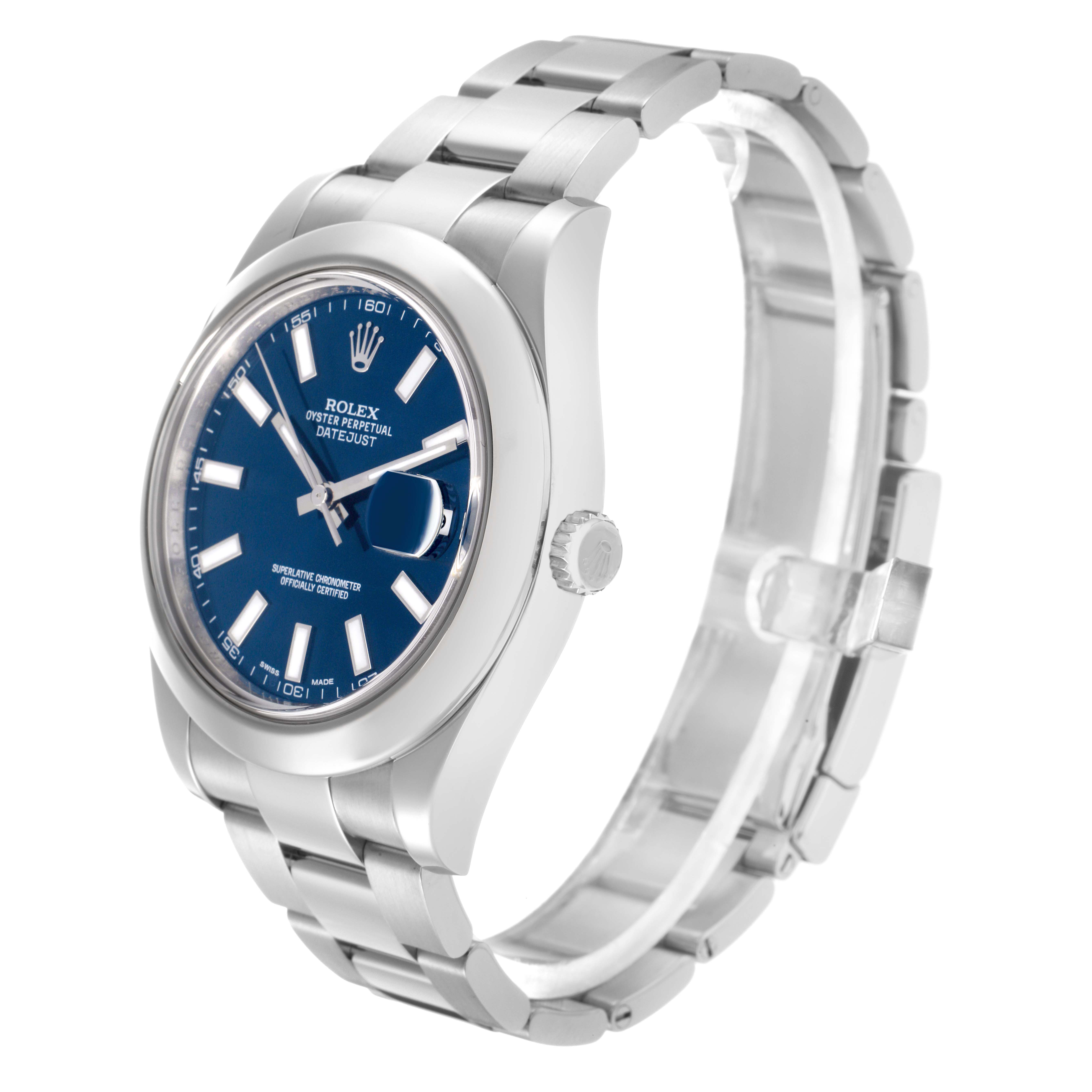 The image shows a Rolex Datejust 41 model (model number 116300) at a slight angle, highlighting its metal bracelet, blue dial, and fluted bezel.