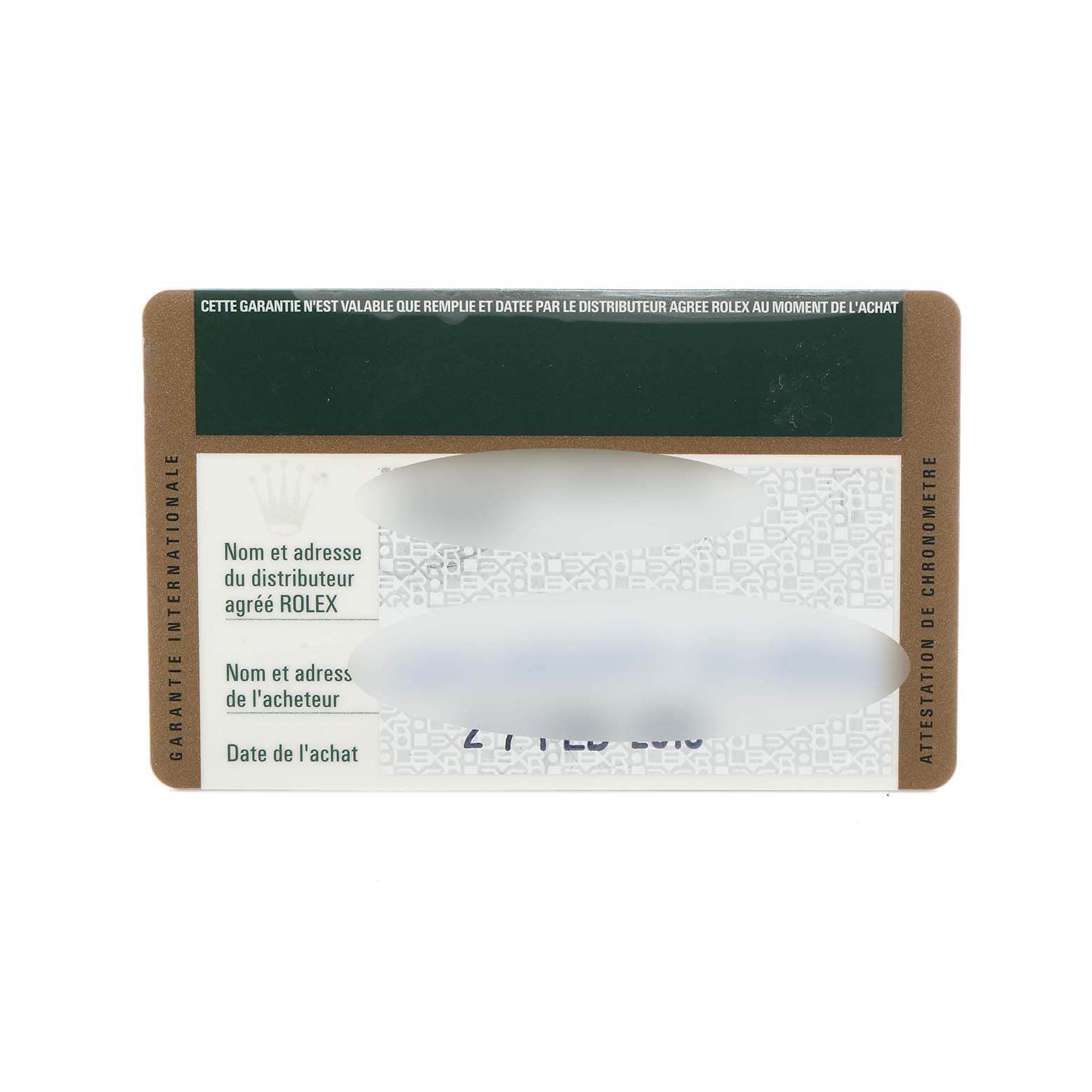 The image shows a warranty card for a Rolex Datejust 41, model number 116300, with sections for distributor and purchaser information, and purchase date.