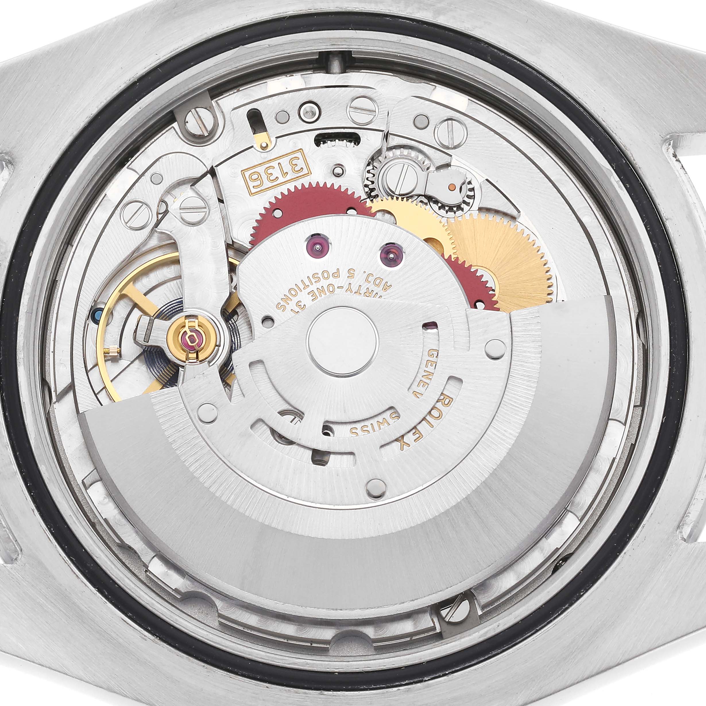 The image shows the movement and intricate mechanics of a Rolex Datejust 41, model number 116300, viewed from the back and displaying its internal components.