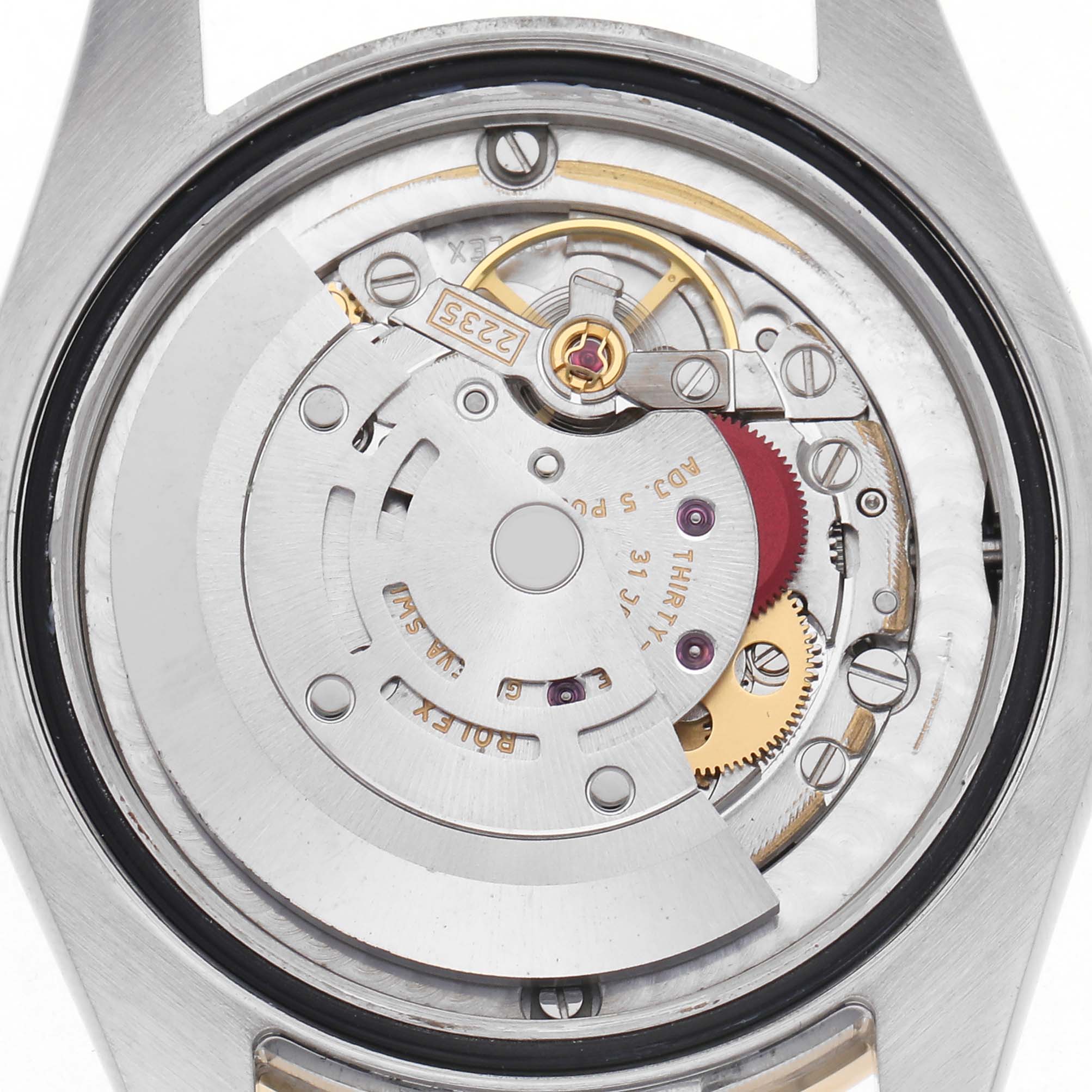 The image shows the movement from the back of the Rolex Mid-Size Men's watch, model number 178383, showcasing its intricate mechanical components.