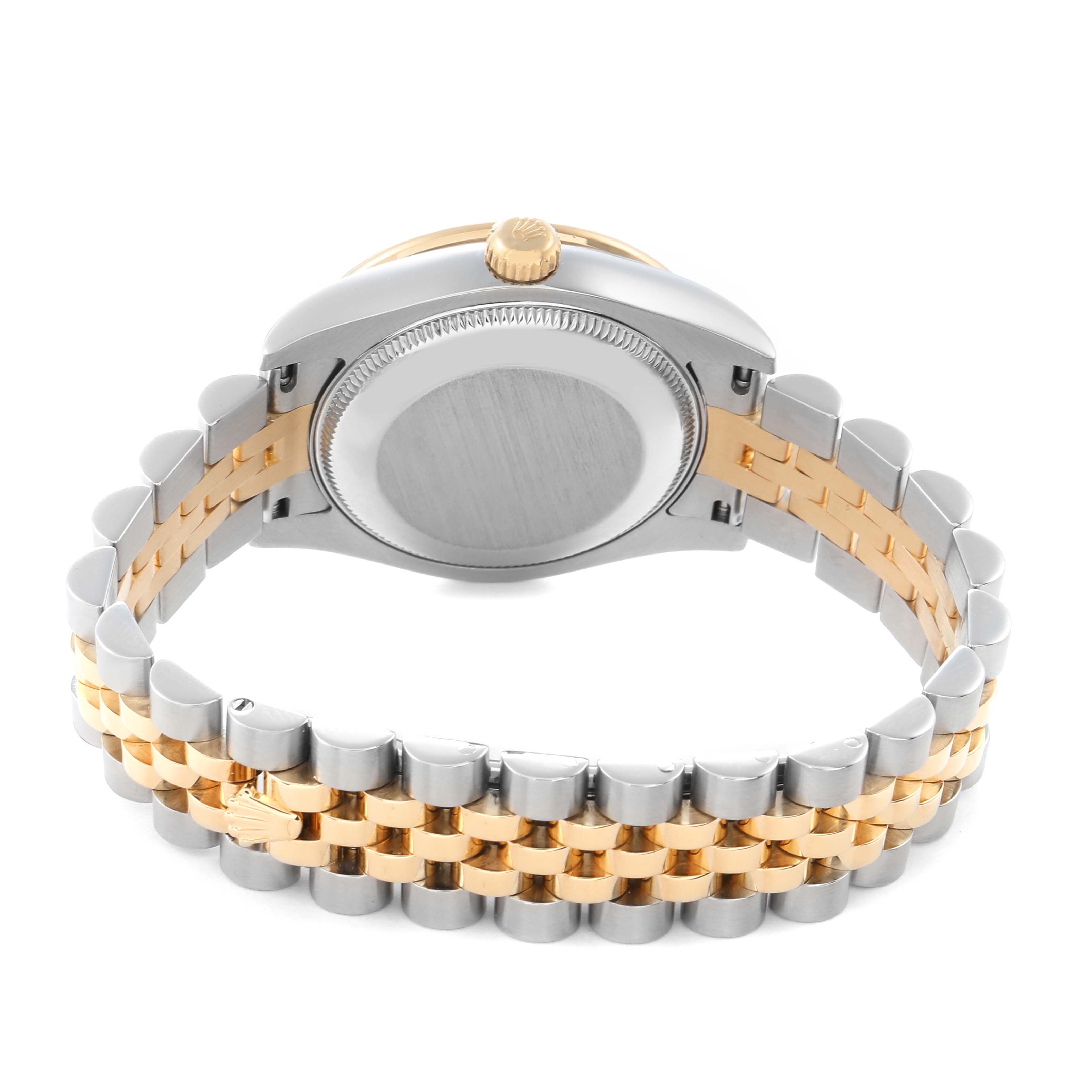 The image shows the back and side of a Rolex Mid-Size model 178383 men's watch, featuring the case back and bracelet links.