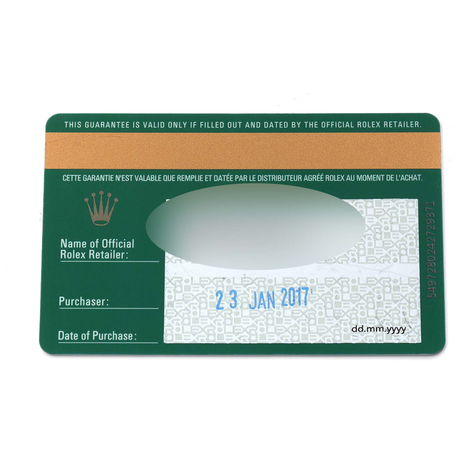 The image shows a Rolex warranty card for a Mid-Size Men's watch, model 178383.