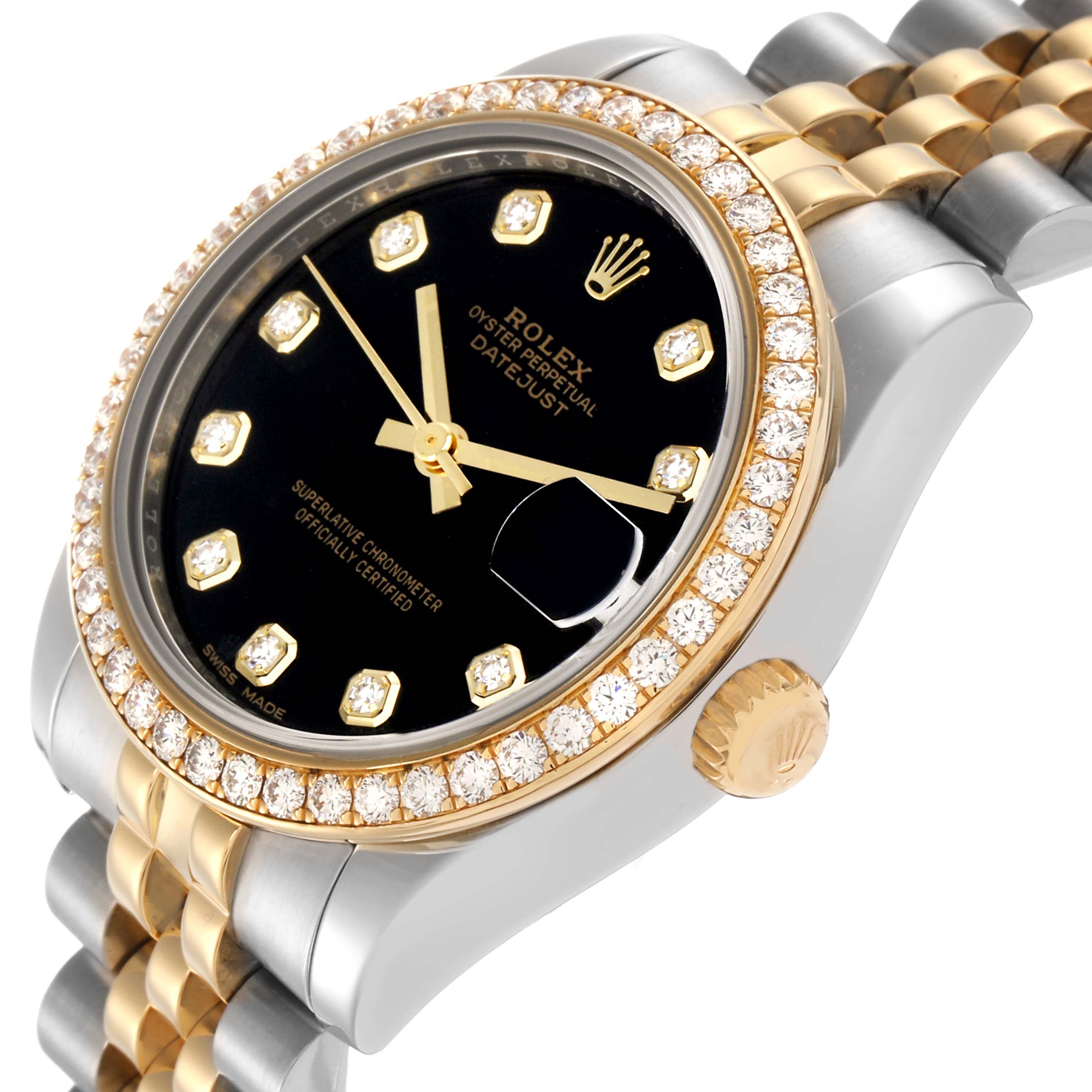 The Rolex Mid-Size model number 178383 is shown at an angled perspective, highlighting its diamond-set bezel, black dial, gold hour markers, and two-tone jubilee bracelet.