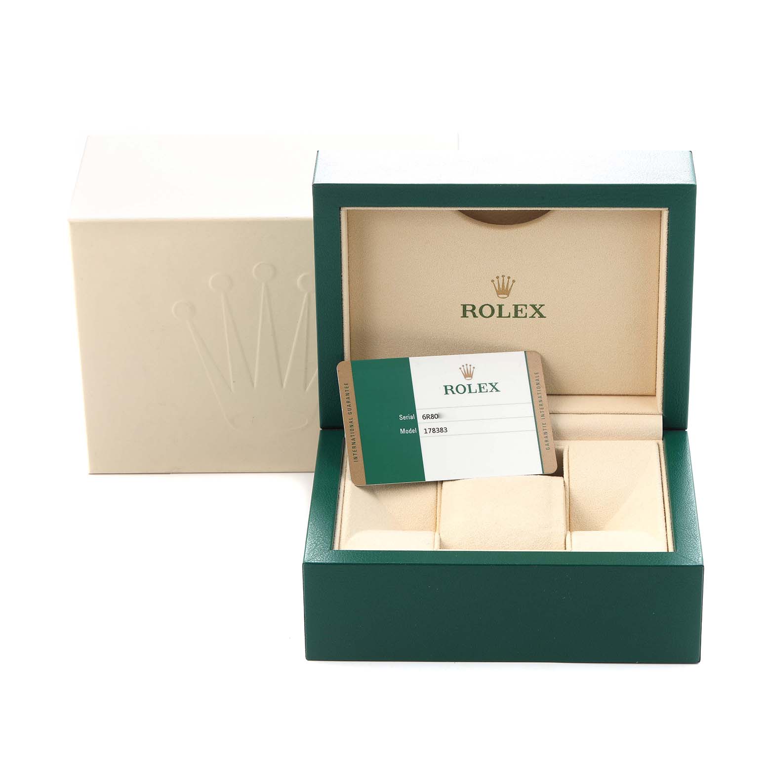 The image shows the packaging and authenticity card for a Rolex Mid-Size model, model number 178383, with the watch box and card visible.