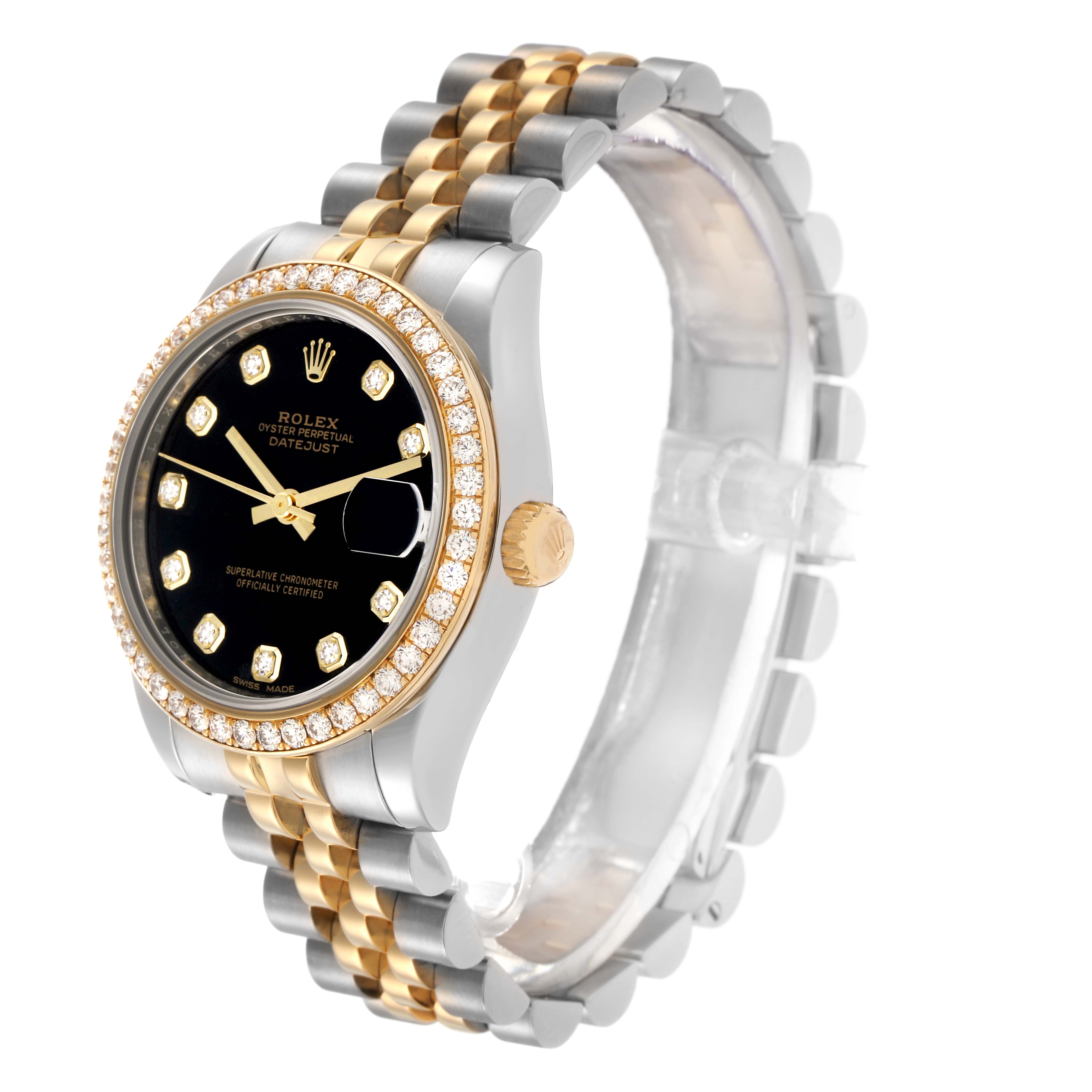 The Rolex Mid-Size model 178383 watch is shown at a three-quarter angle, highlighting the bezel, dial, crown, and two-tone bracelet.