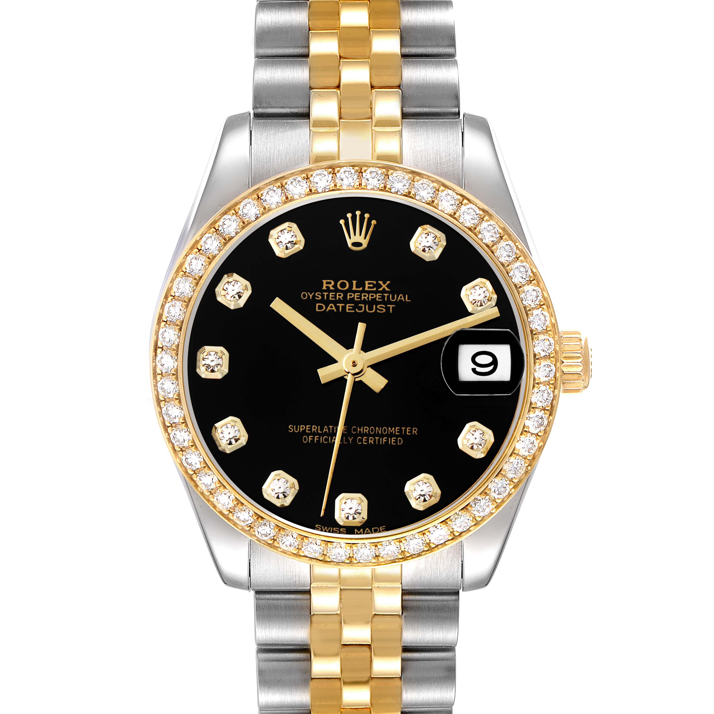 The Rolex Datejust model 178383 is shown from the front, featuring a black dial, diamond hour markers, and a two-tone gold and silver bracelet.