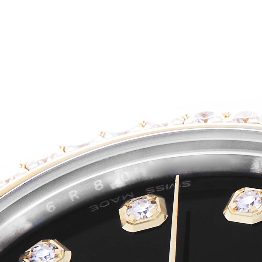 The image shows a close-up of the Rolex model 178383, highlighting the bezel, part of the dial with diamond markers, and "Swiss Made" text.