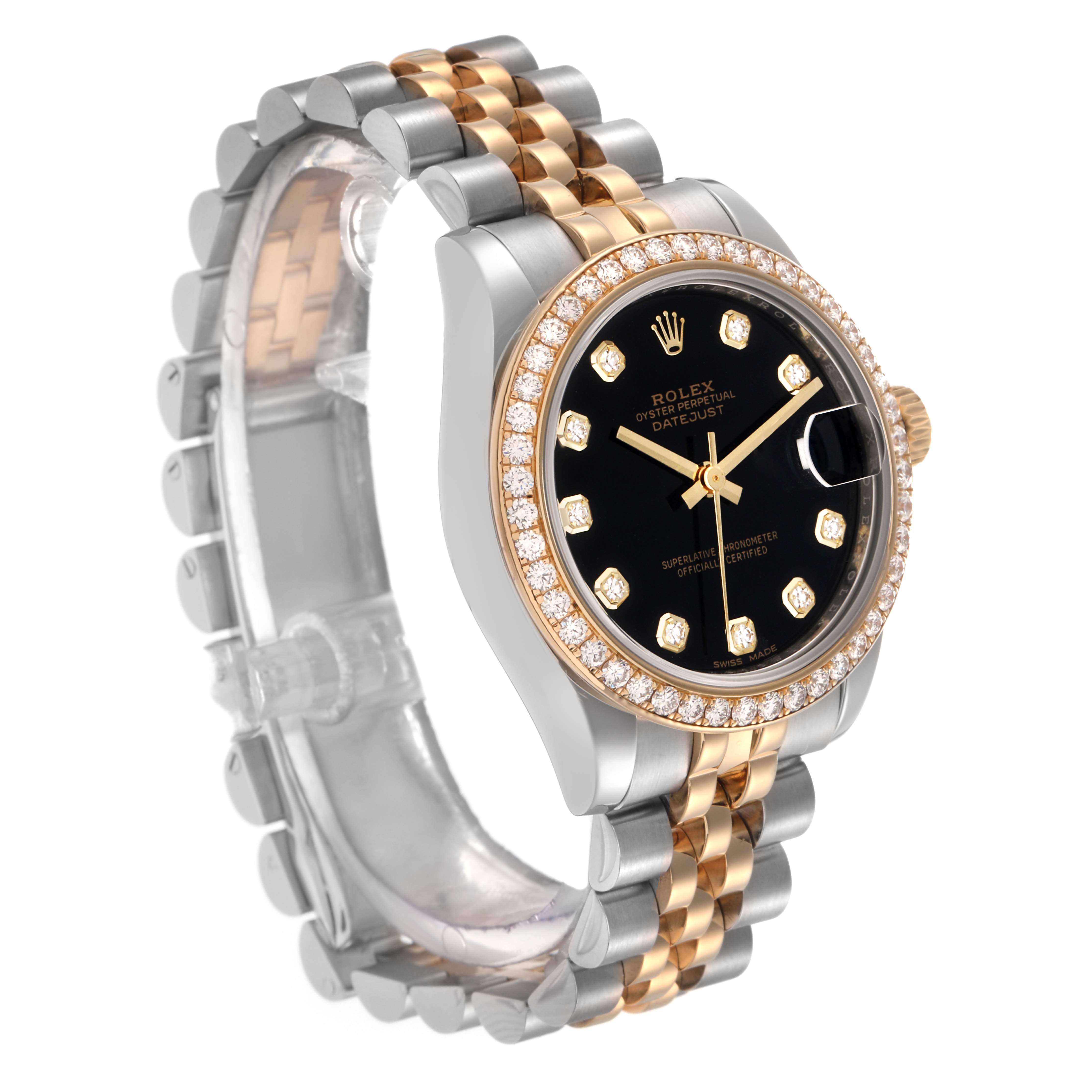 The Rolex Mid-Size model 178383 men's watch is shown at a three-quarter angle, featuring a dual-tone band and a diamond-set bezel and black dial.