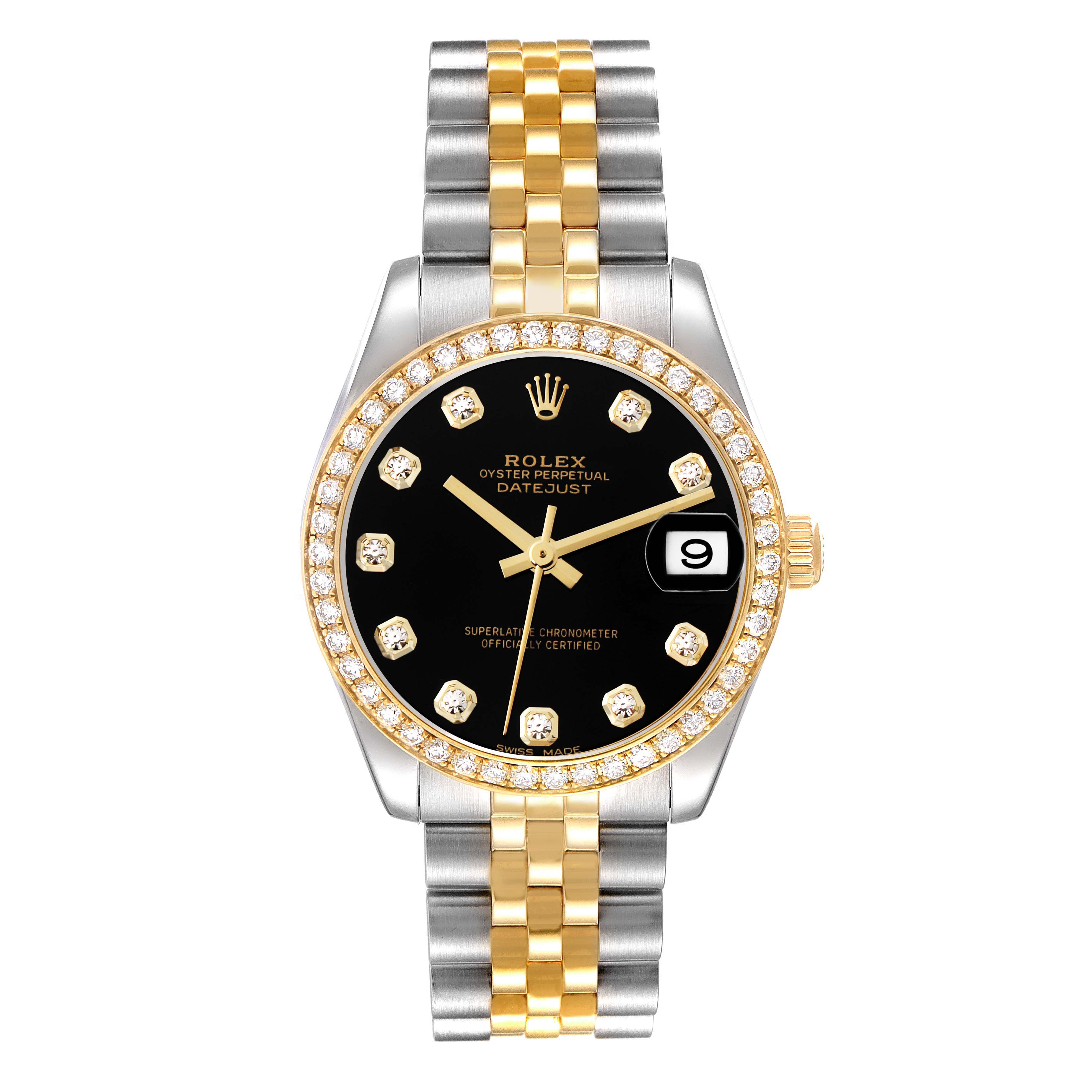 This Rolex Datejust model 178383 watch is shown from a front angle, featuring a diamond-set bezel, black dial, and two-tone gold and silver bracelet.
