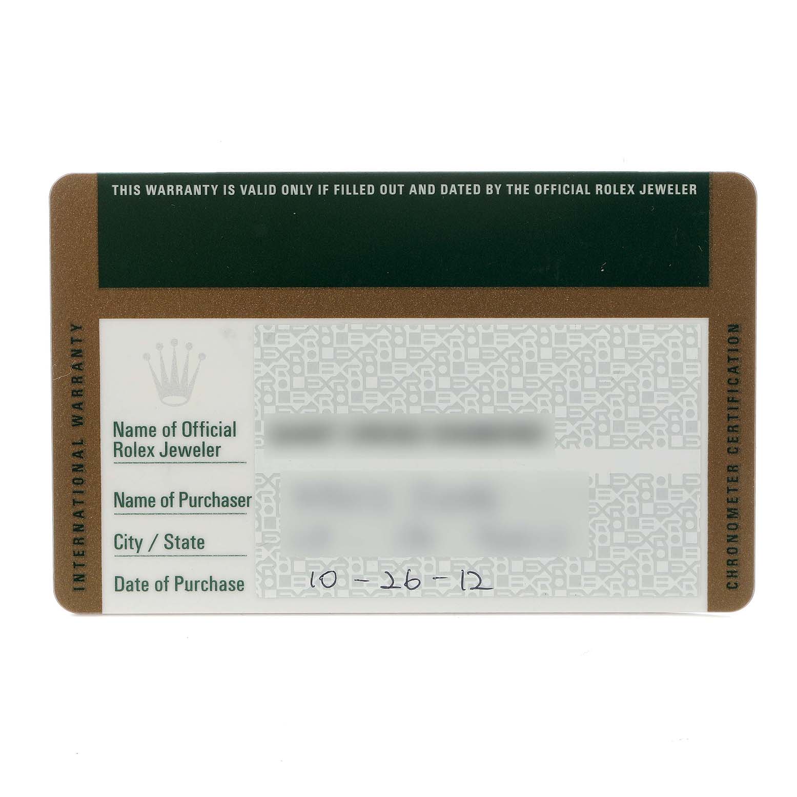 This image shows a warranty card for a Rolex Datejust model, model number 116243.