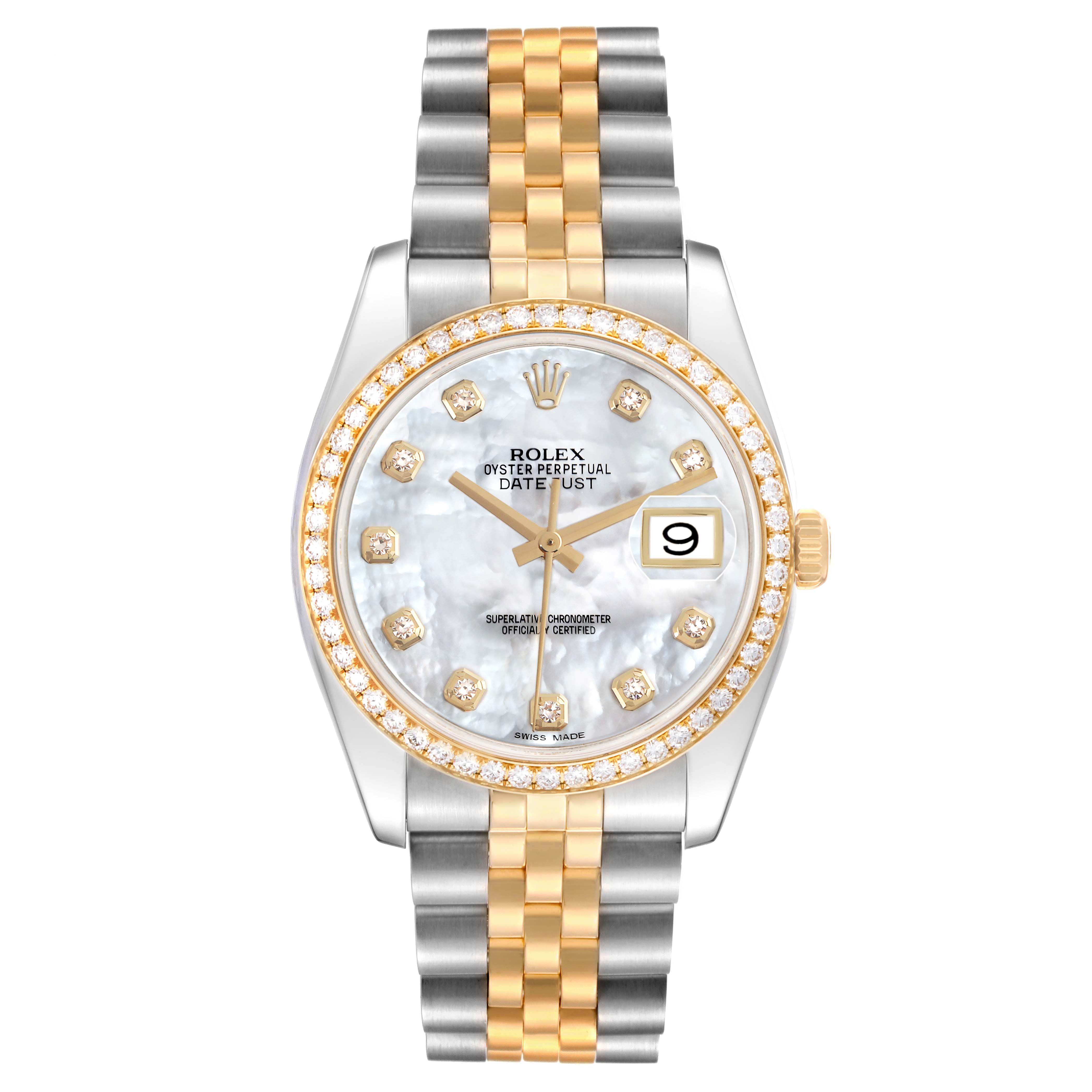 The Rolex Datejust model 116243 men's watch is shown from the front, highlighting the dial, bezel, and two-tone bracelet.