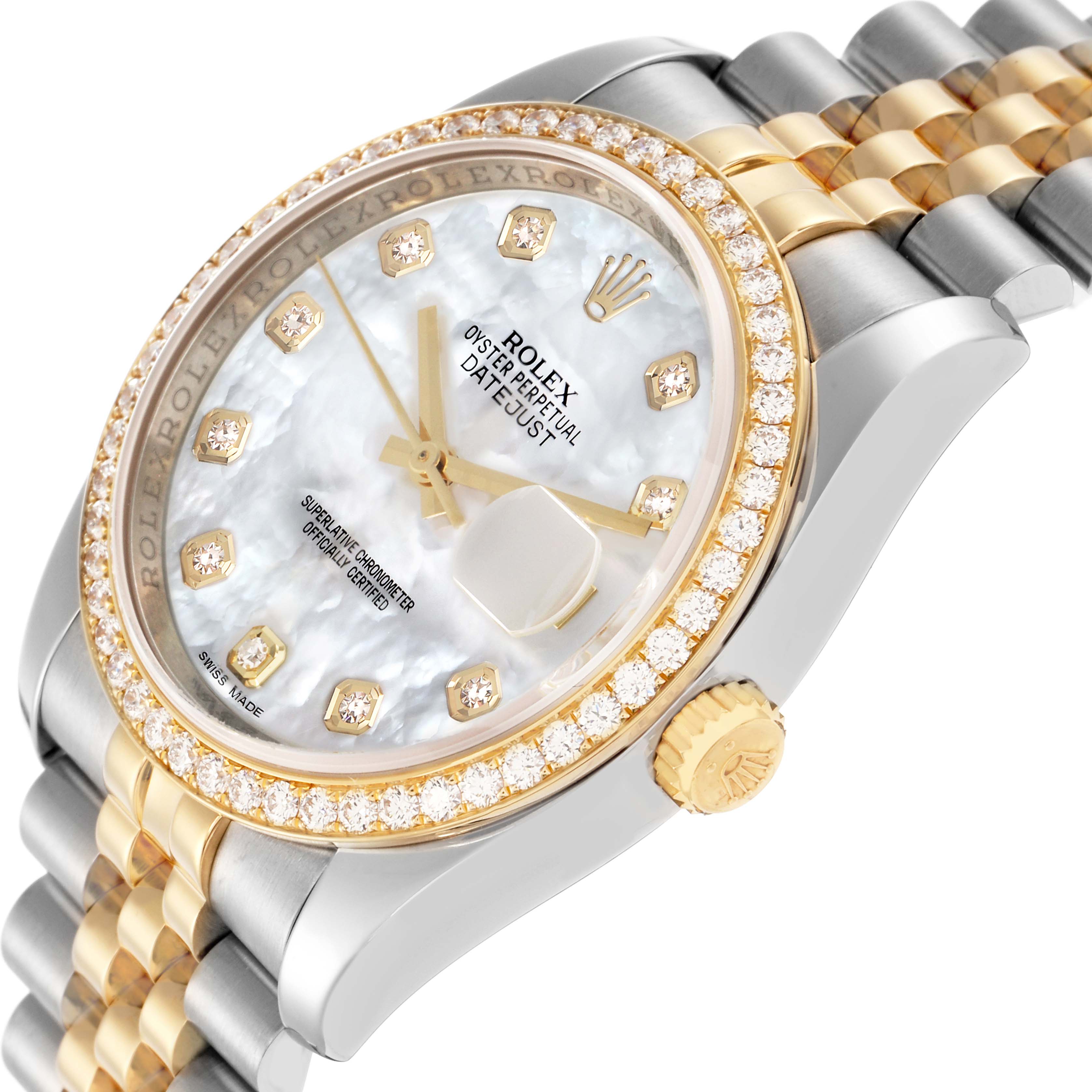 The Rolex Datejust model 116243 is shown at an angled view highlighting the diamond bezel, mother-of-pearl dial, gold markers, and Jubilee bracelet.