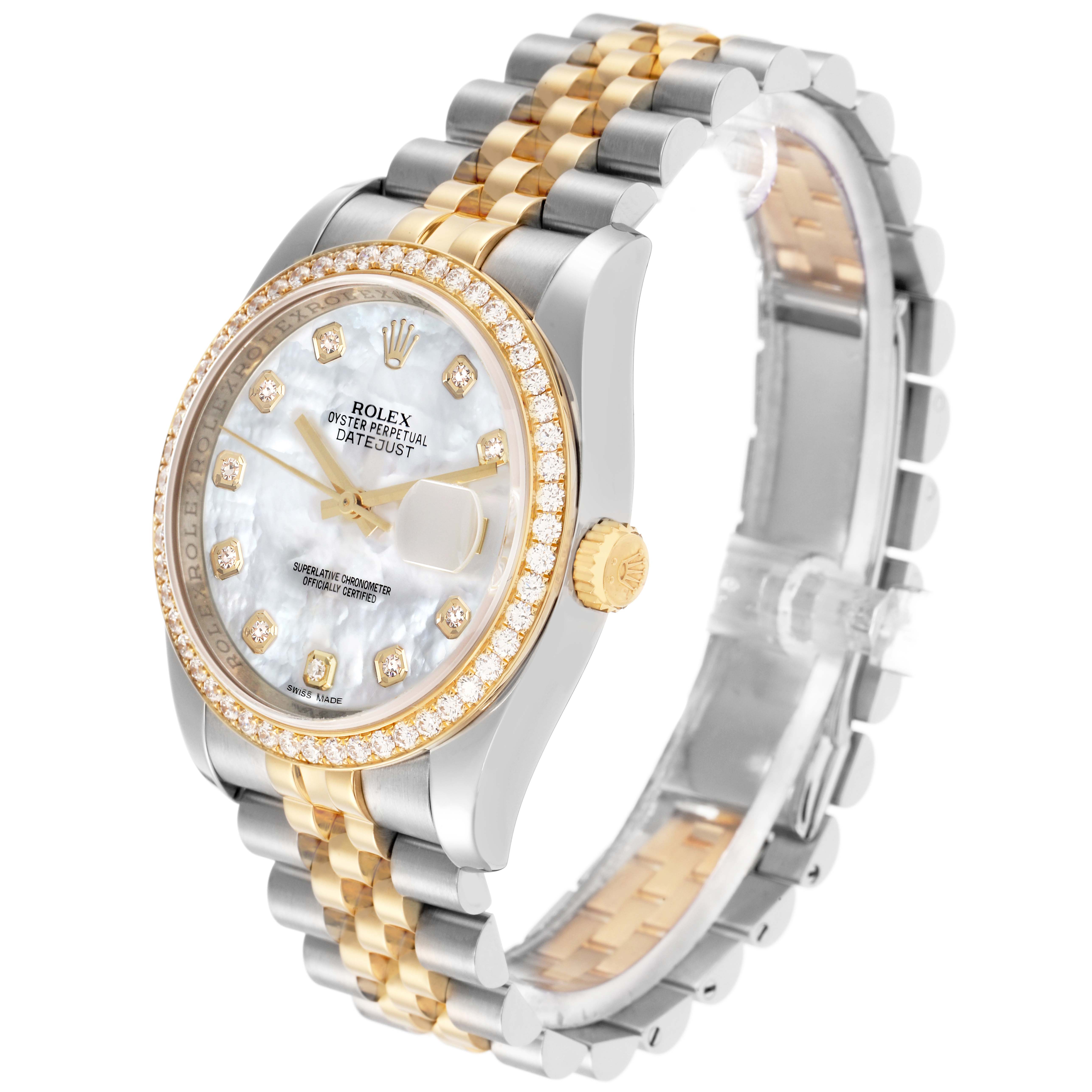 The Rolex Datejust model 116243 is shown at a three-quarter angle, displaying the face, diamond bezel, crown, and two-tone bracelet.
