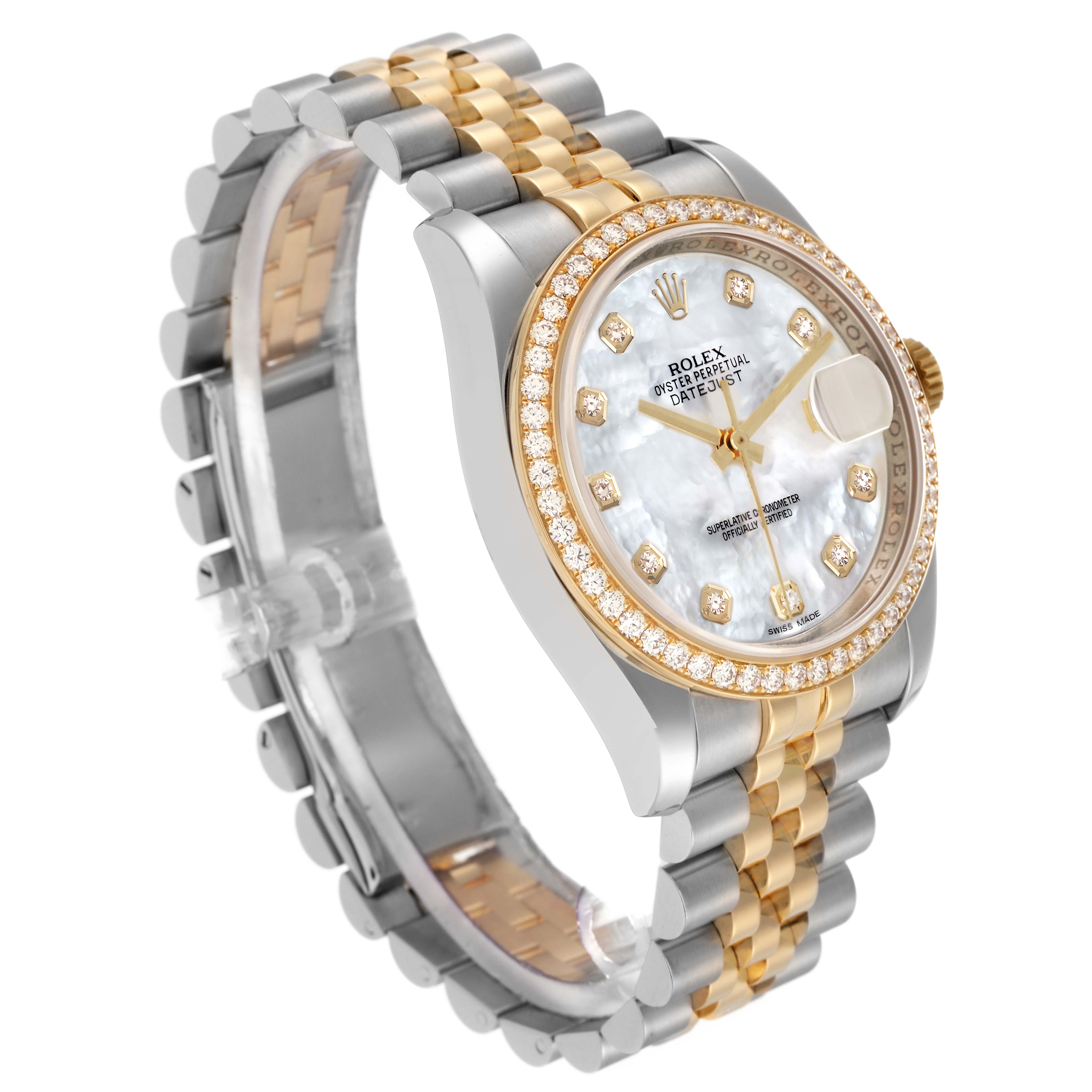 The Rolex Datejust model 116243 is shown at a three-quarter angle, highlighting the dial, bezel, and two-tone bracelet.